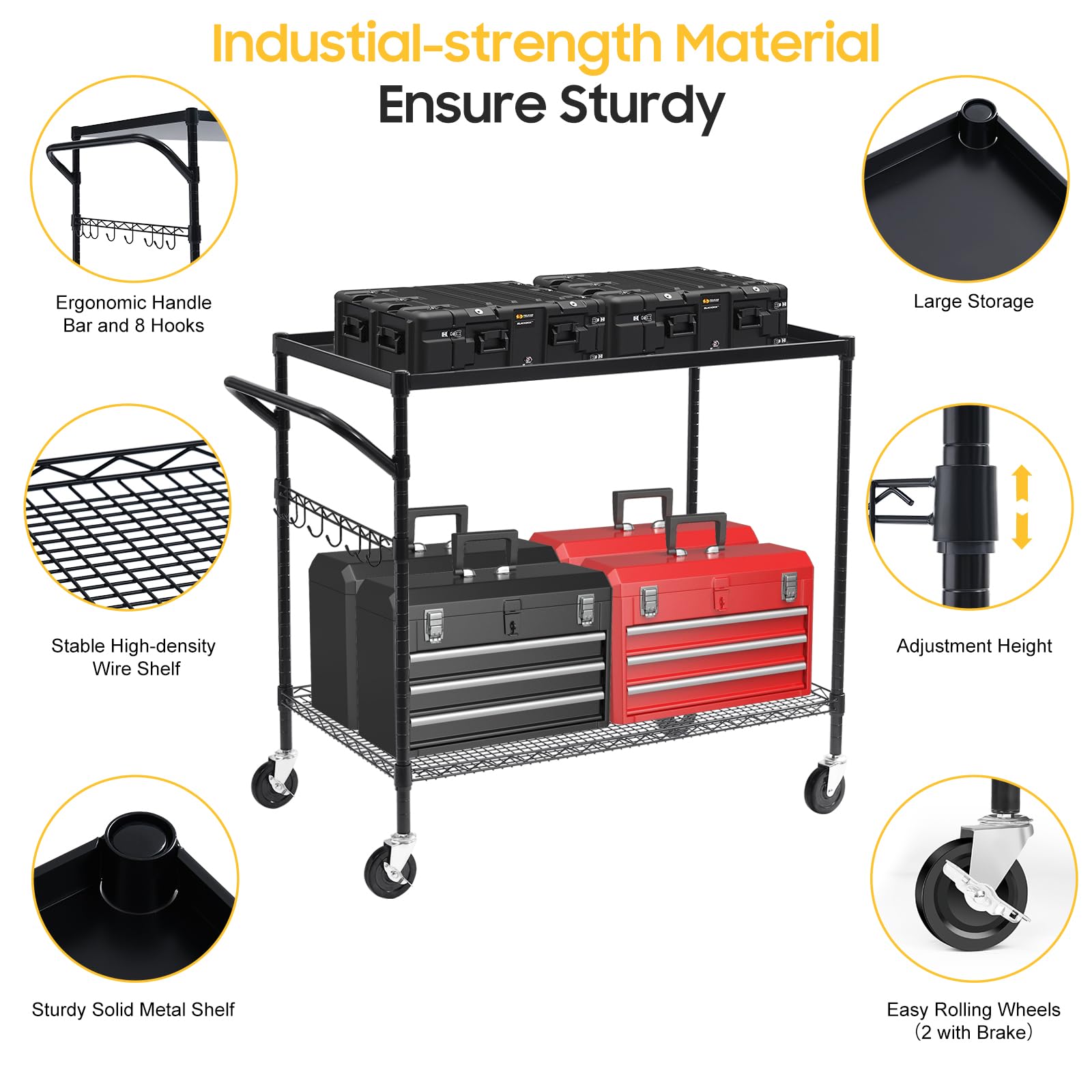 WDT 2-Tier Utility Cart with Wheels, Metal Cart with 1000LBS Capacity, NSF Heavy Duty Rolling Cart, Commercial Grade Serving Tool Storage Carts for Warehouse Garage Kitchen, 24"D x 40"W x 39"H, Black