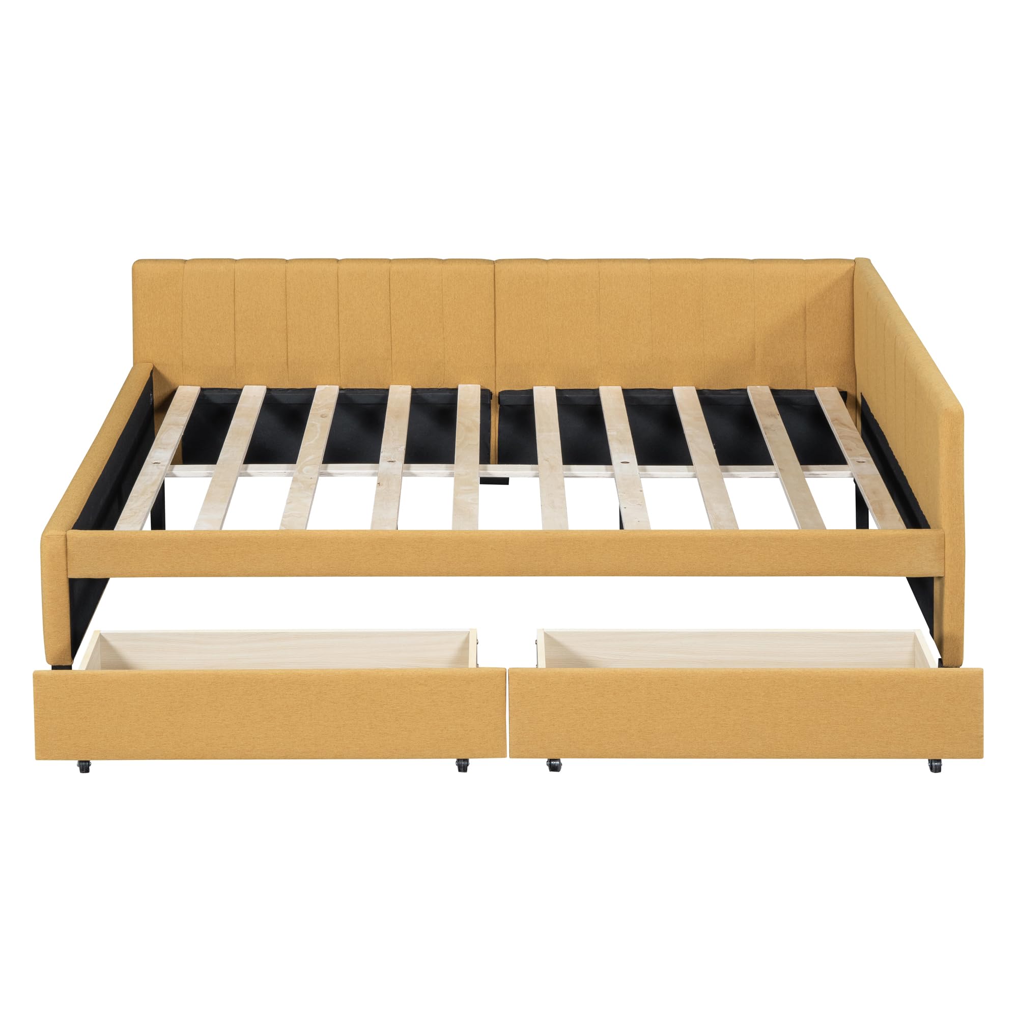Merax Full Size Daybed with Drawers, Upholstered Full Daybed, Linen Fabric Sofa Bed, No Box Spring Needed, Yellow