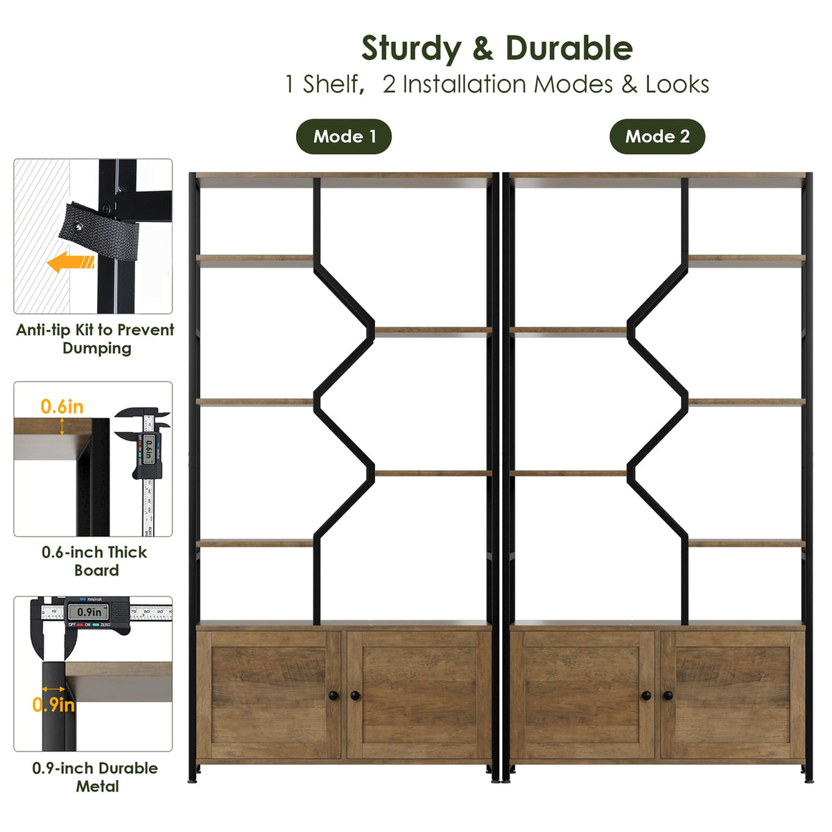 6-Tier Industrial Bookcase with Cabinets