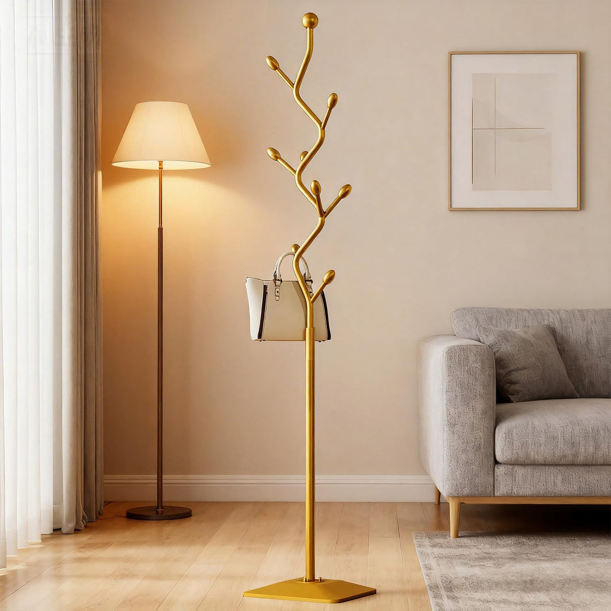 BUZUEY Gold Coat Rack Freestanding Metal Tree Coat Stand with Hooks,Modern Decorative Standing Hat Rack for Entryway Bedroom Living Room
