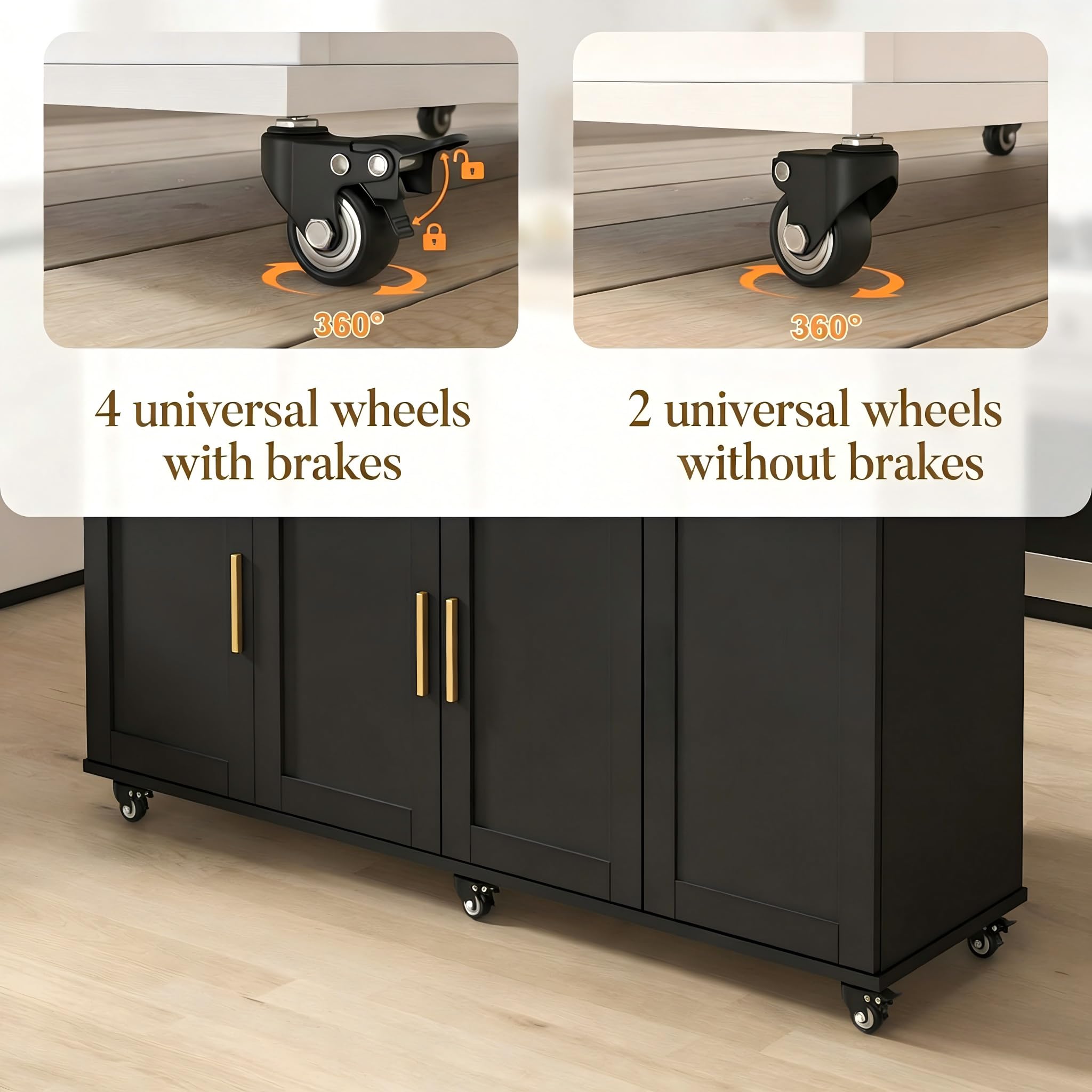 FFIQQ 59 Inch Large Mobile Kitchen Island Cart with Drop Leaf, 2 Cabinets, Drawer, Extra Counter Space & Trash Bin Storage, Rolling Portable Prep Table for Kitchen, Black, Particleboard