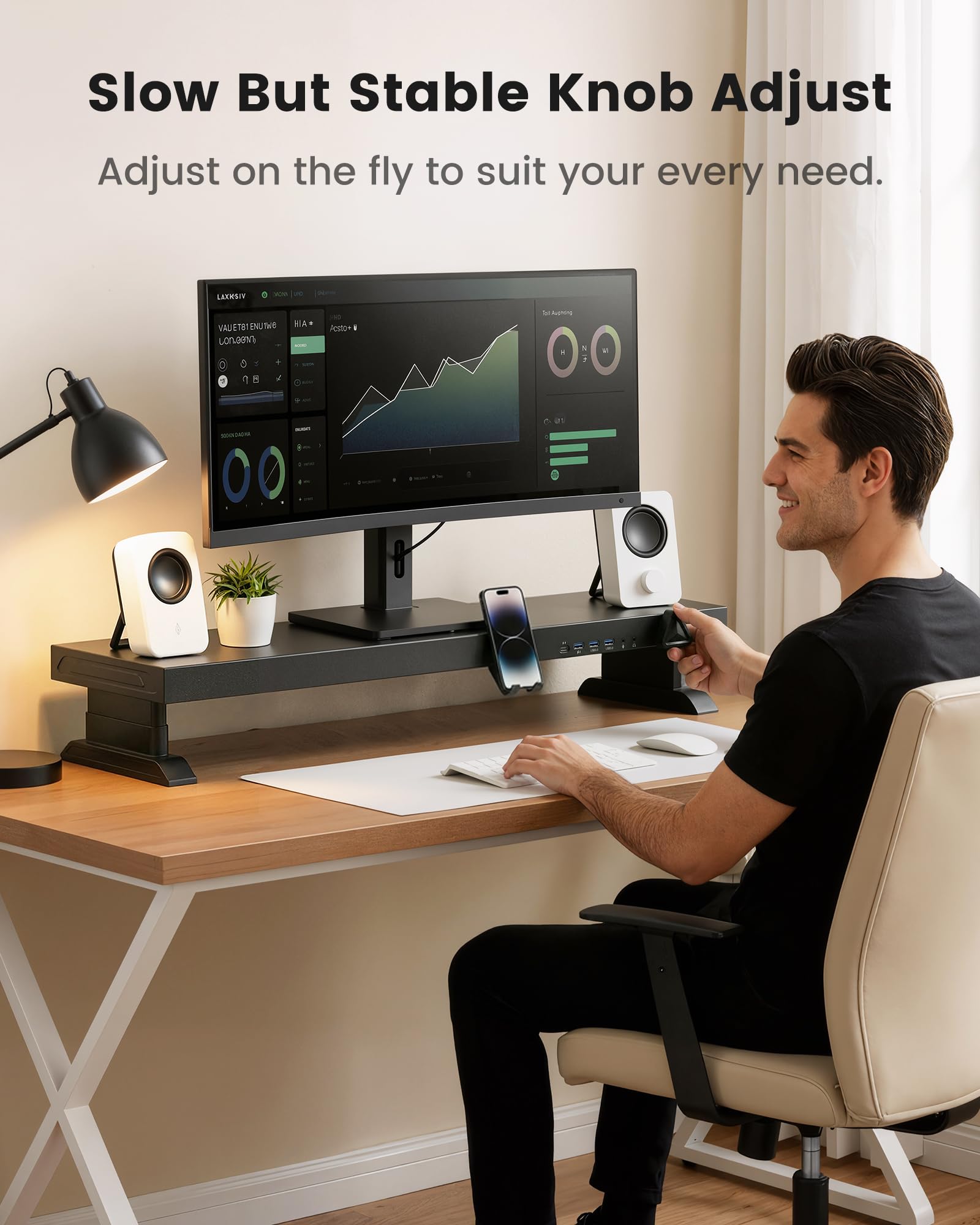Height Adjustable Monitor Riser with 6-Port USB Hub