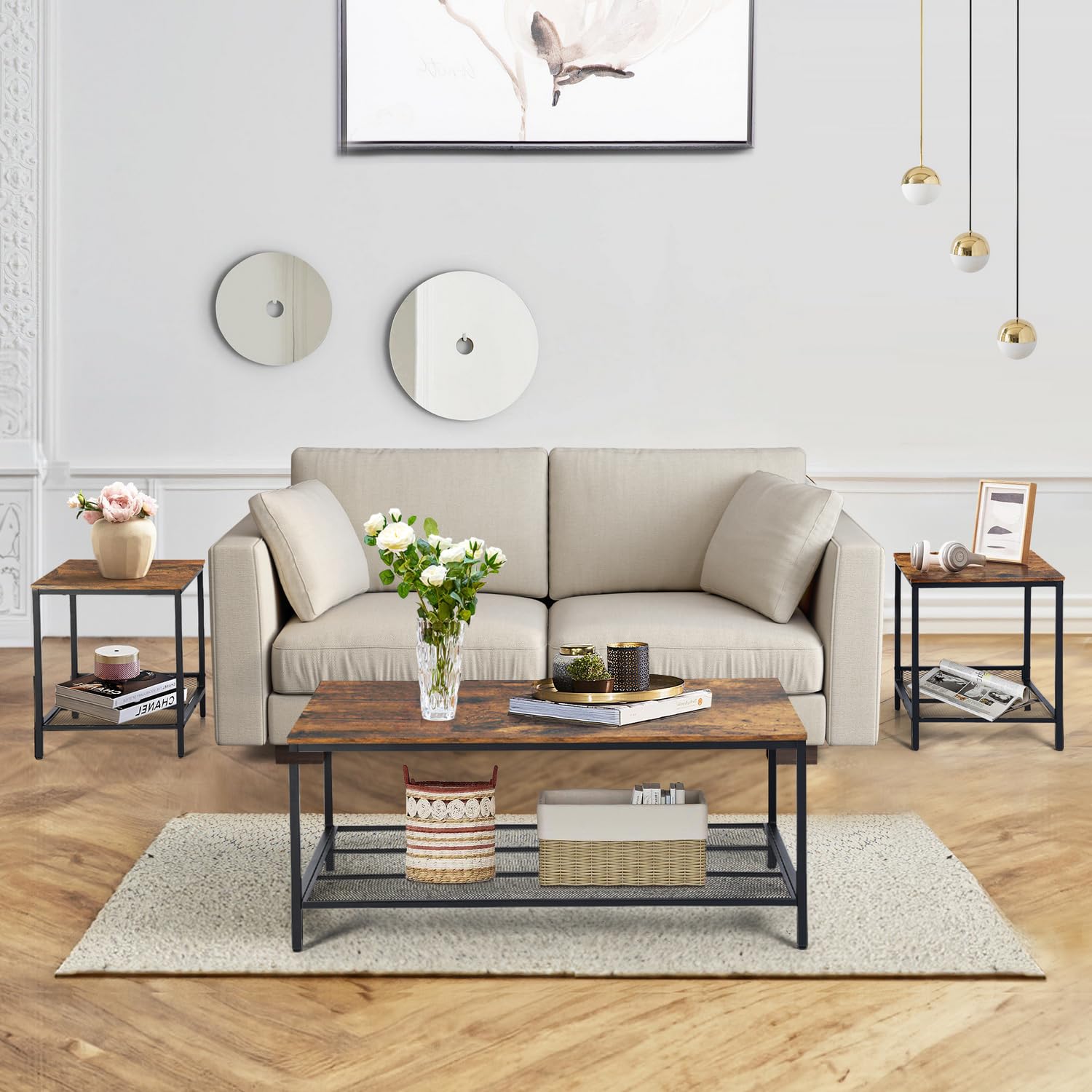 3-Piece Coffee & End Table Set with Metal Frame