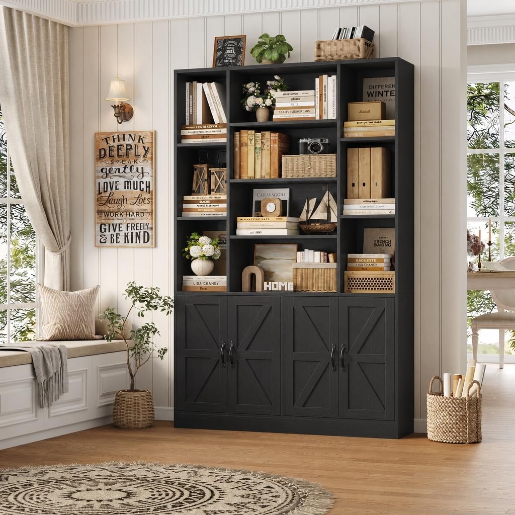 HOSTACK 72” Tall Book Shelf and Bookcase, White Bookshelf with Storage Cabinet, 45” Wide Bookcase with 4 doors, Standing Display Shelves, Modern Farmhouse Book Case for Living Room, Home Office, Black