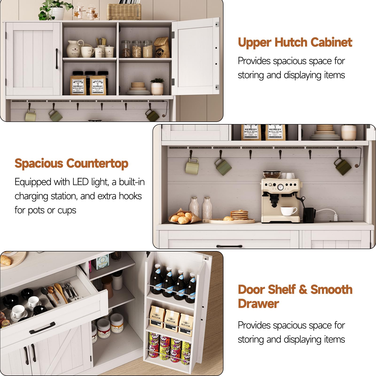 ONBRILL 71" Pantry Cabinet, Kitchen Pantry Storage Cabinet with LED Light & Outlet, Kitchen Hutch with Microwave Shelf & 6 Hooks, Door Shelves & Drawer & Adjustable Shelves, for Dining Room