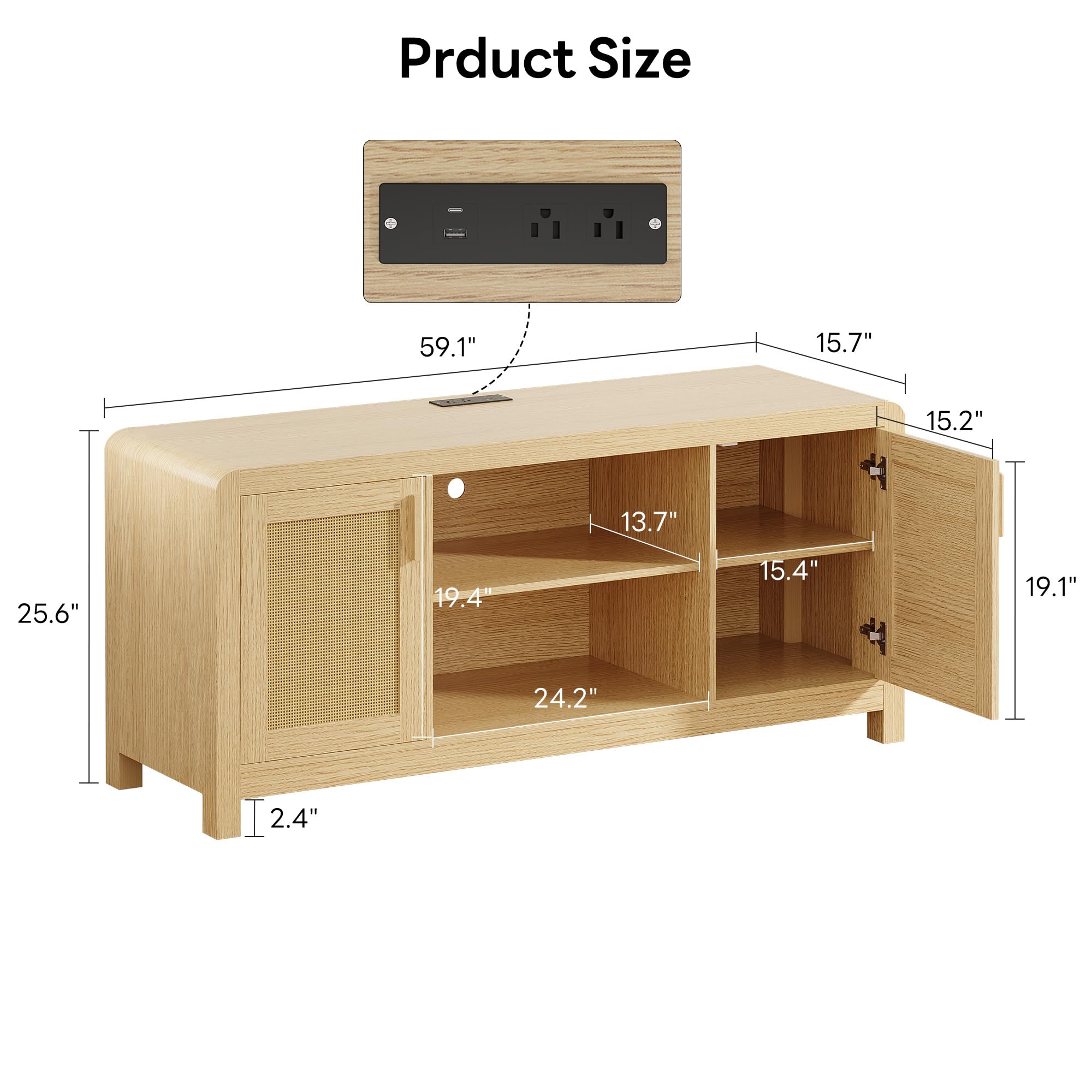TV Stand with Power Outlet & Rattan Doors – Fits TVs up to 65"