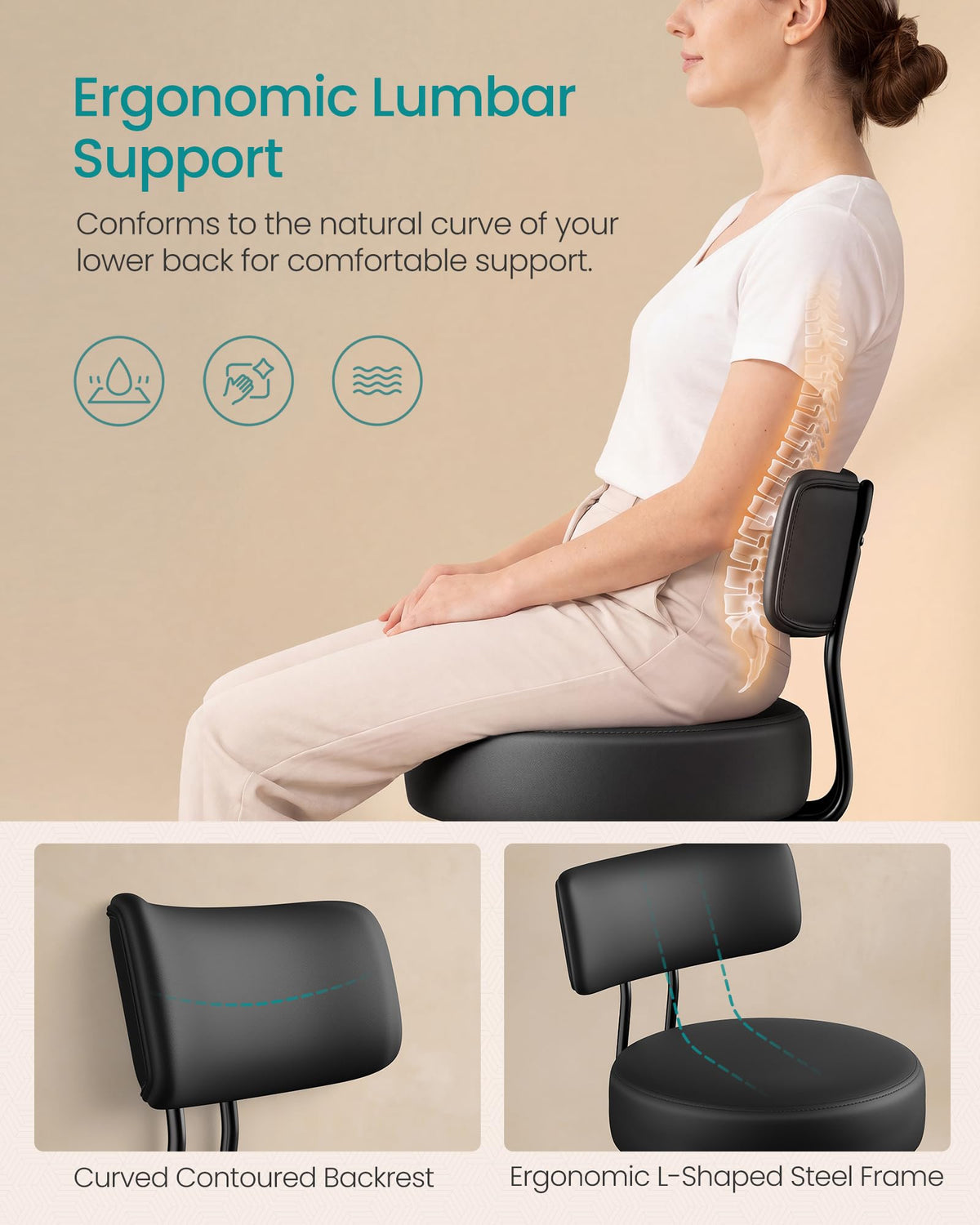SONGMICS Drafting Chair with Backrest, Height Rolling Stool, PU Leather