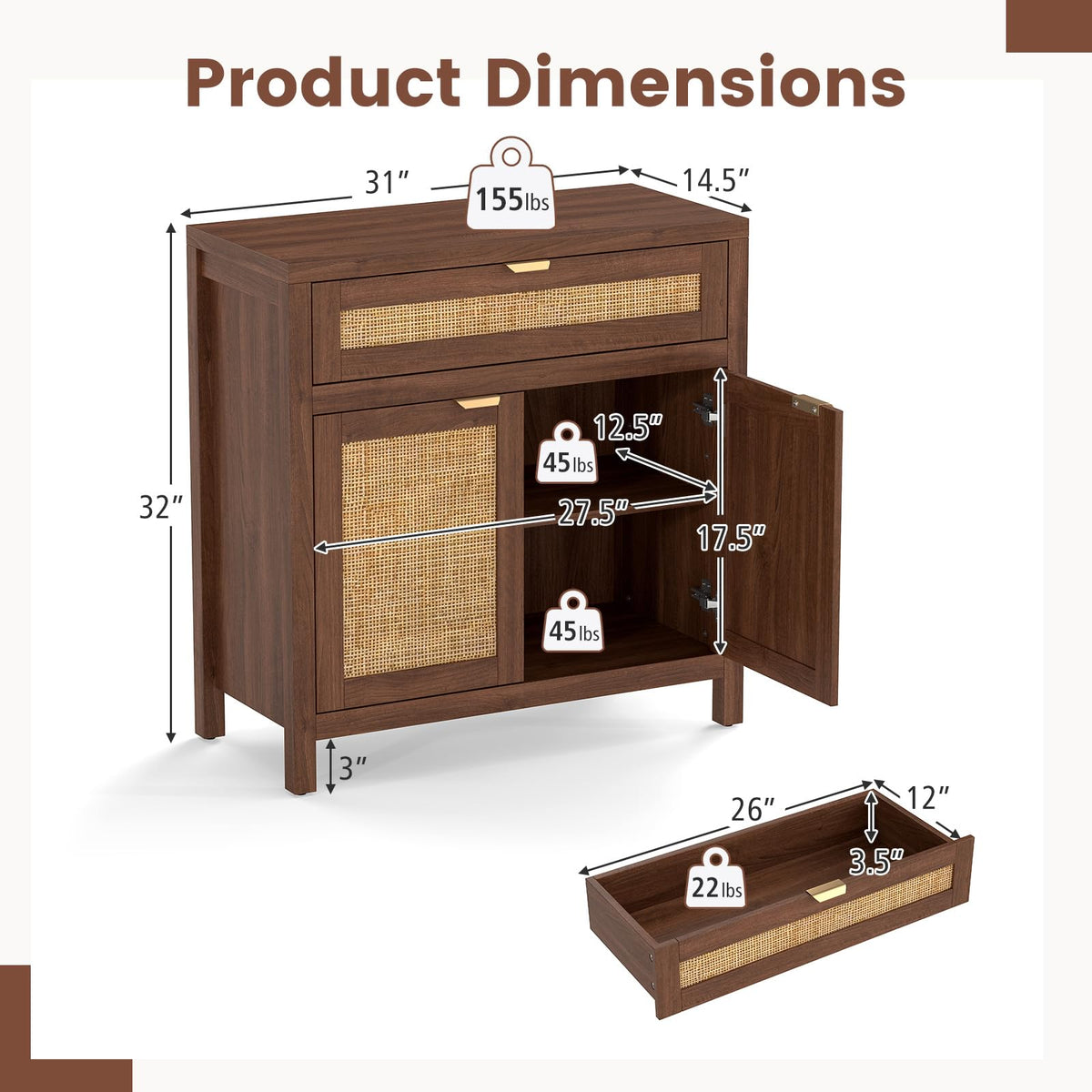 Rattan Sideboard Cabinet Set of 2