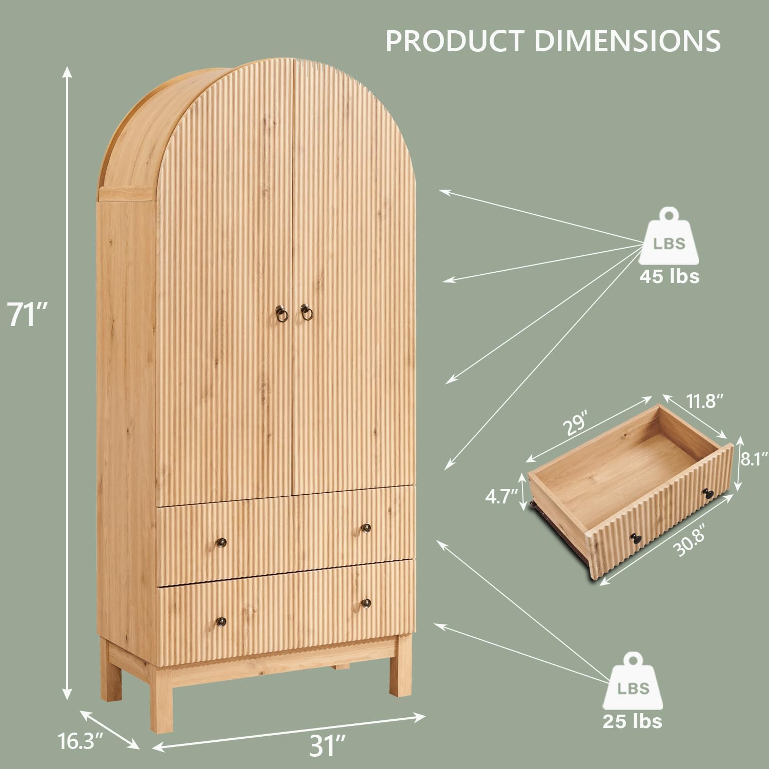 Fluted Arched Pantry Cabinet with Drawers & Adjustable Shelves