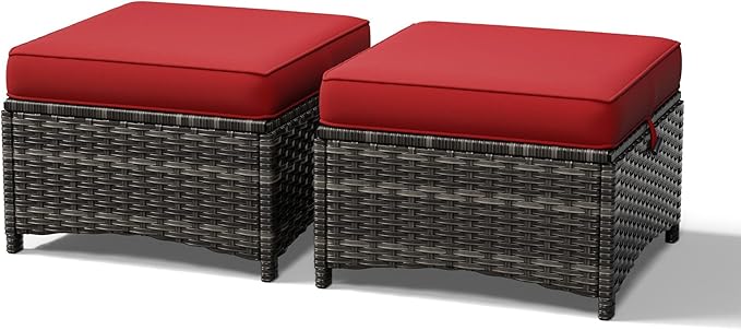 Outdoor Wicker Ottoman Set of 2 with Cushions