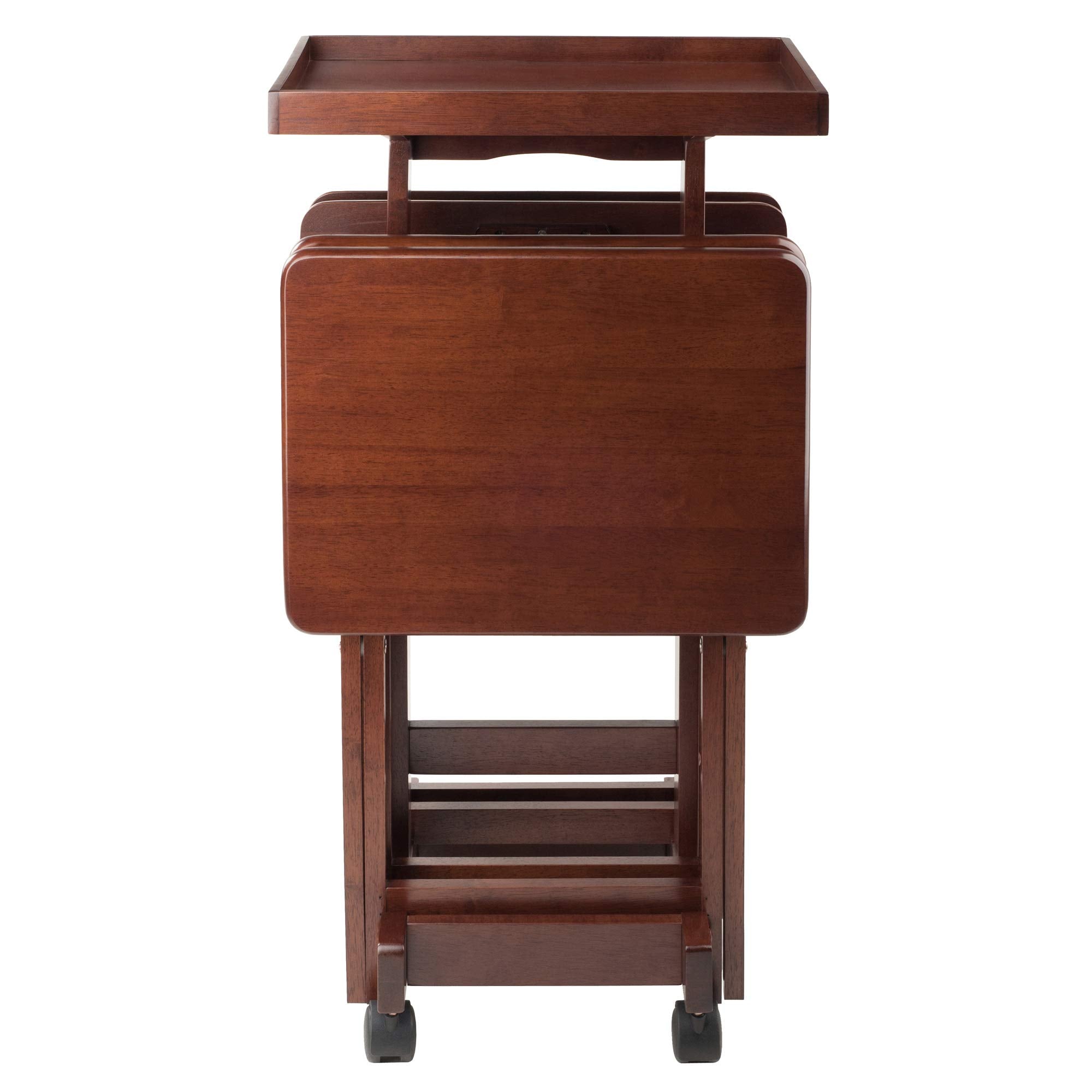 5-Piece Solid Wood Snack Table Set with Rolling Stand