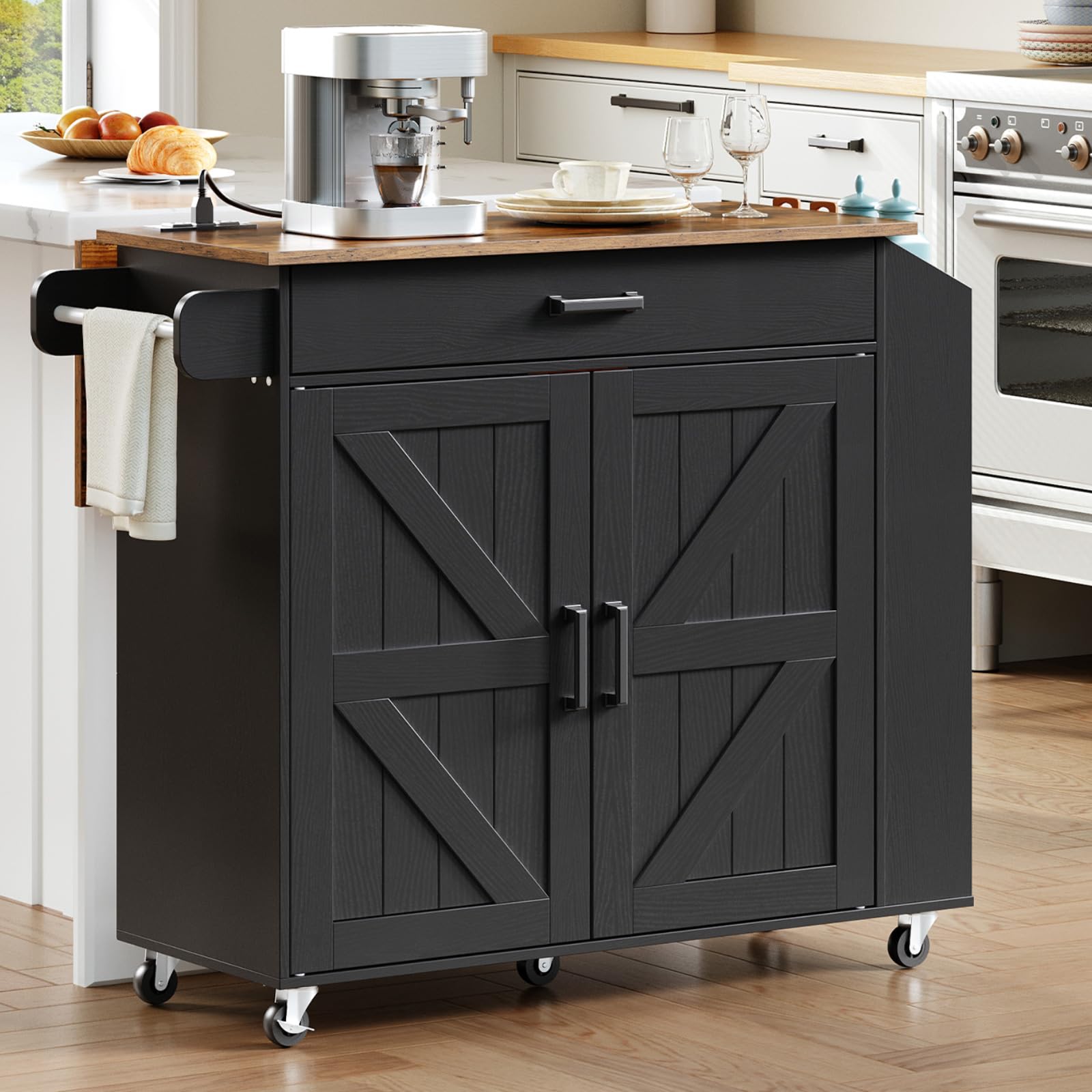 Rolling Kitchen Island with Drop Leaf & Power Outlet