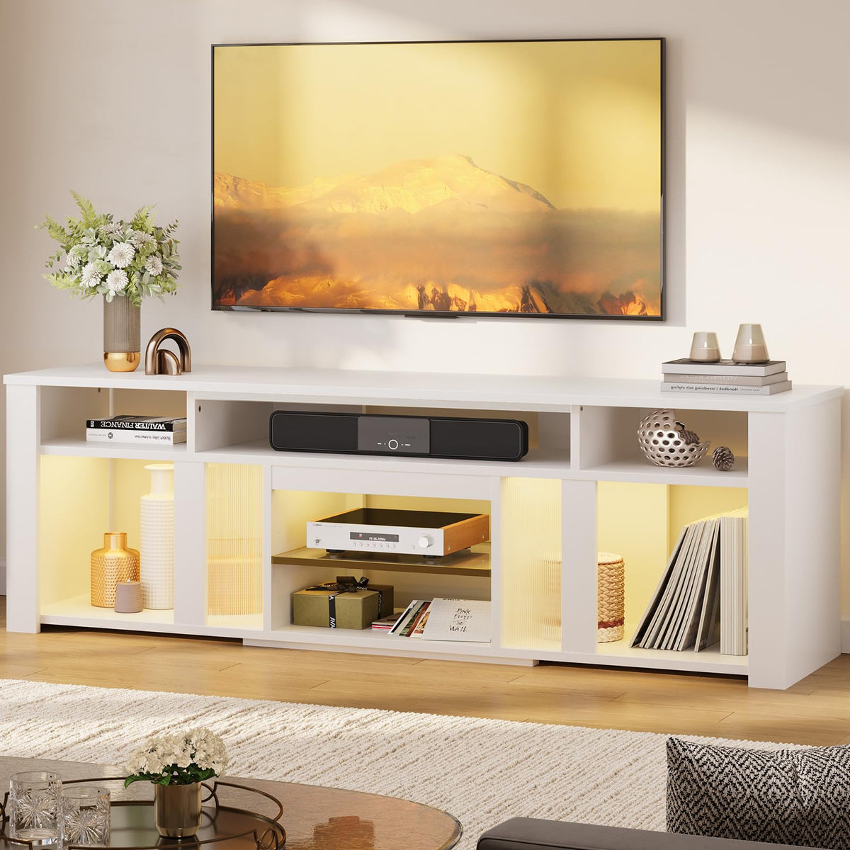 Bestier 80 Inch TV Stand for 85 Inch TVs, Modern Open Entertainment Center with LED Lights & Adjustable Shelves, Media Console for Gaming Setup and Home Theater (White)