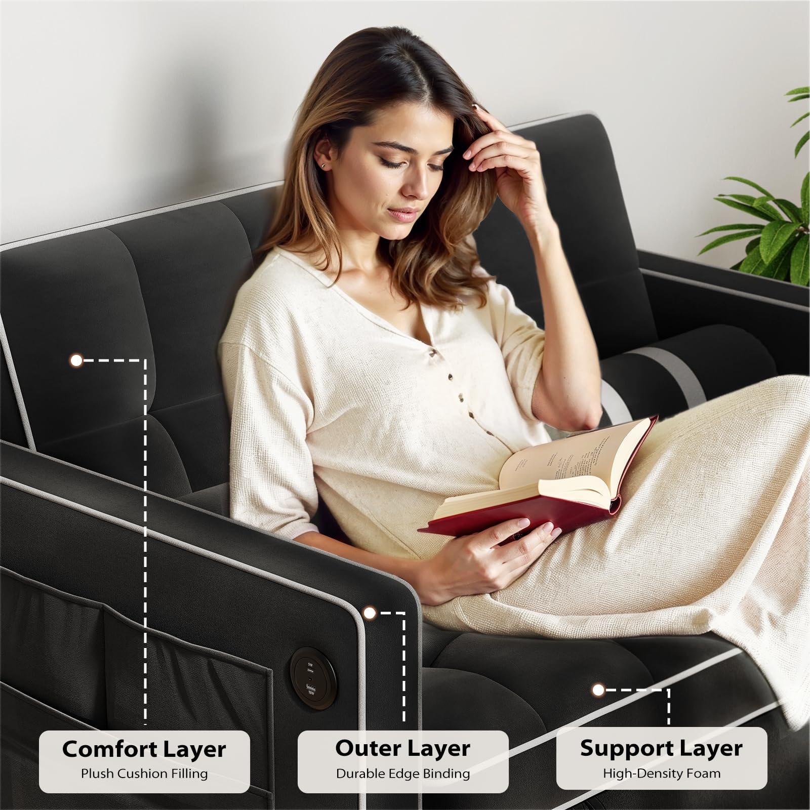 3-in-1 Convertible Sleeper Sofa Bed with USB Ports