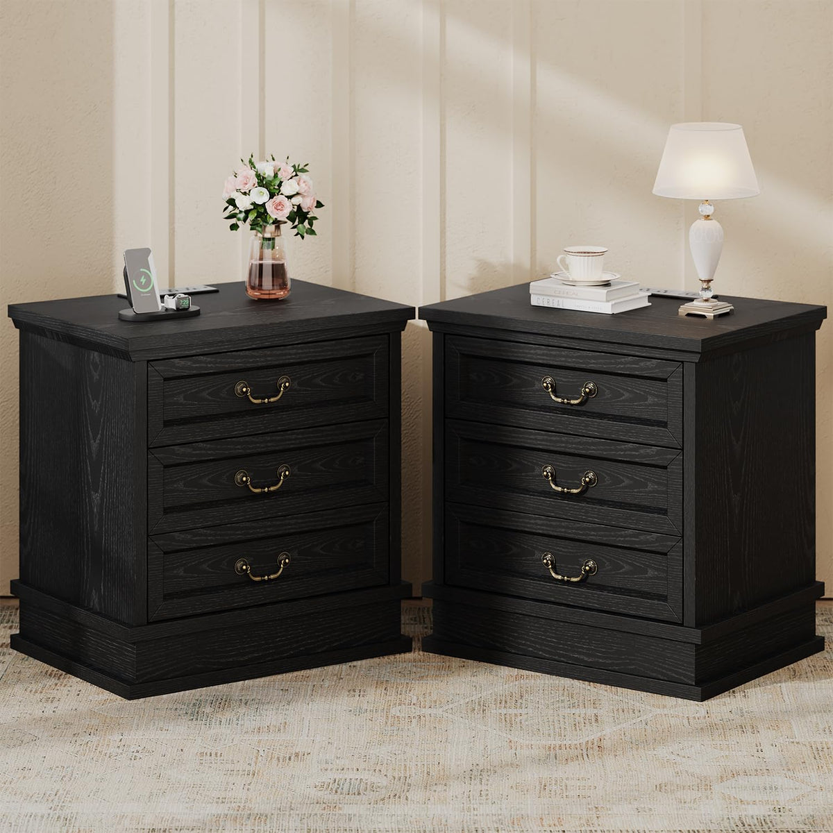 knoworld Nightstand with Charging Station, 3 Drawer Night Stand Set of 2