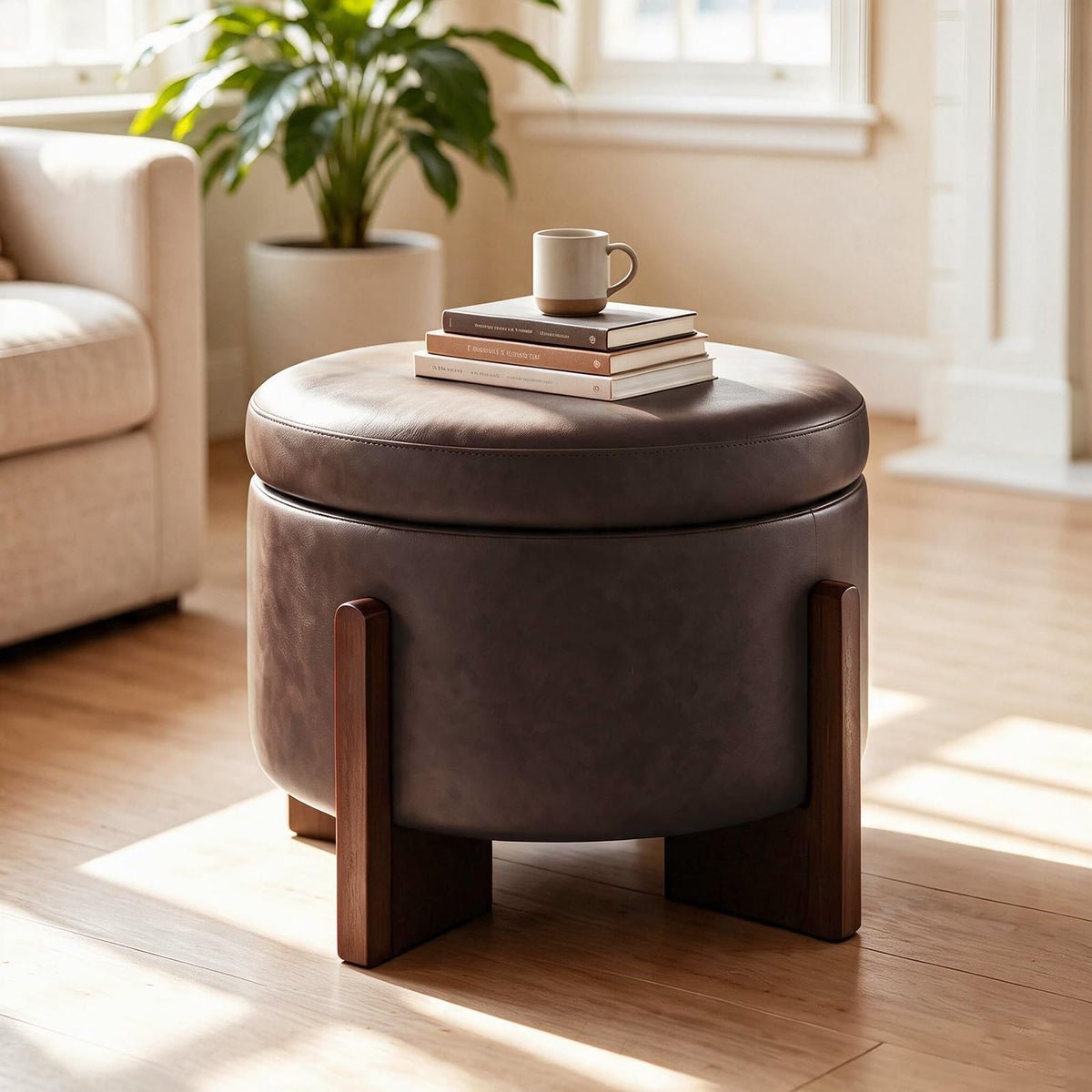 Round Faux Leather Storage Ottoman