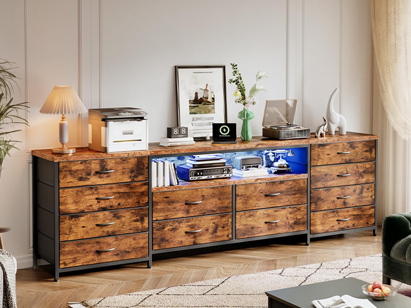 EnHomee 63" W TV Stand Fits 65/70 Inch TV, 12 Drawers Dresser with LED Lights & Power Outlets, Entertainment Center Long Fabric Dresser for Bedroom, Living Room, Hallway, Rustic Brown