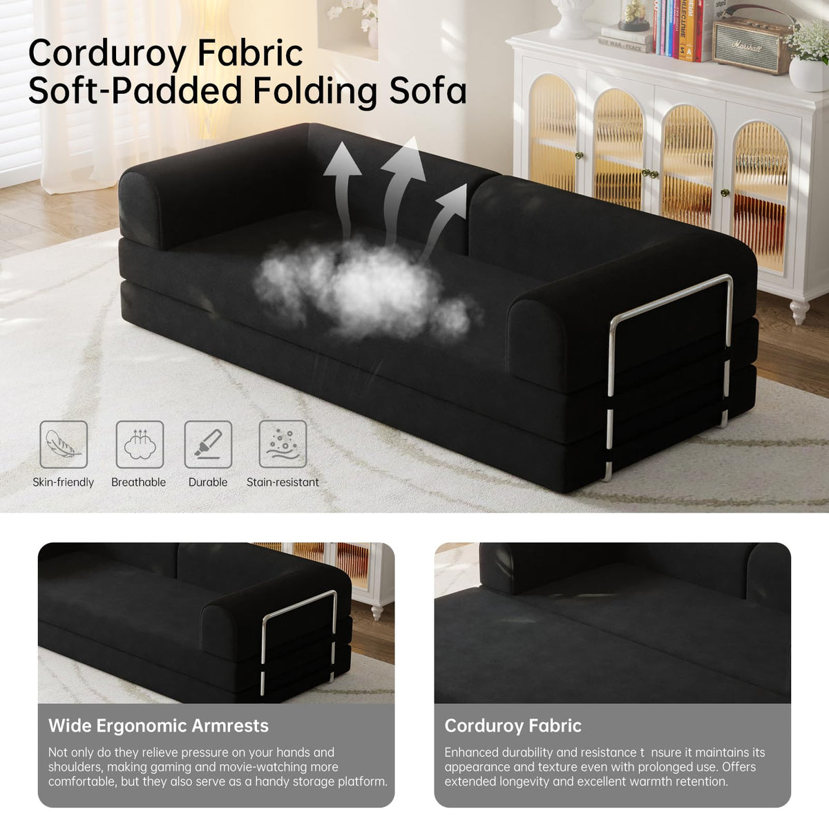 79” Convertible Sofa Bed, 35D High-Density Foam&Corduroy Fabric Sleeper Couch Bed, Fixed-Shape Frame & Removable Armrests,Modular Folding Small Loveseat Futo, Sectional Couch for Small Spaces (Black)