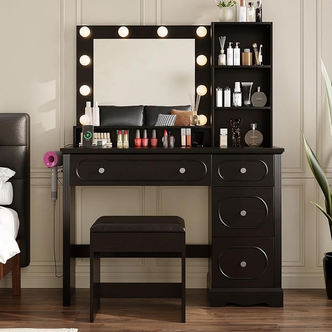 Walnut Brown Lighted Makeup Vanity
