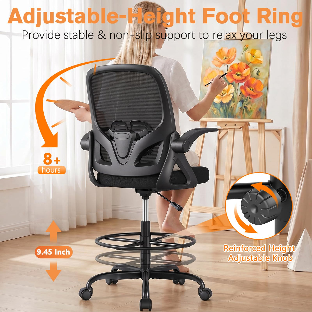 ORRSAKER Drafting Chair, Tall Office Chair with Flip-up Arms, Mesh Ergonomic Computer Standing Desk Chair with Adjustable Height Foot Ring and Lumbar Support, 300 LBS Capacity, Black