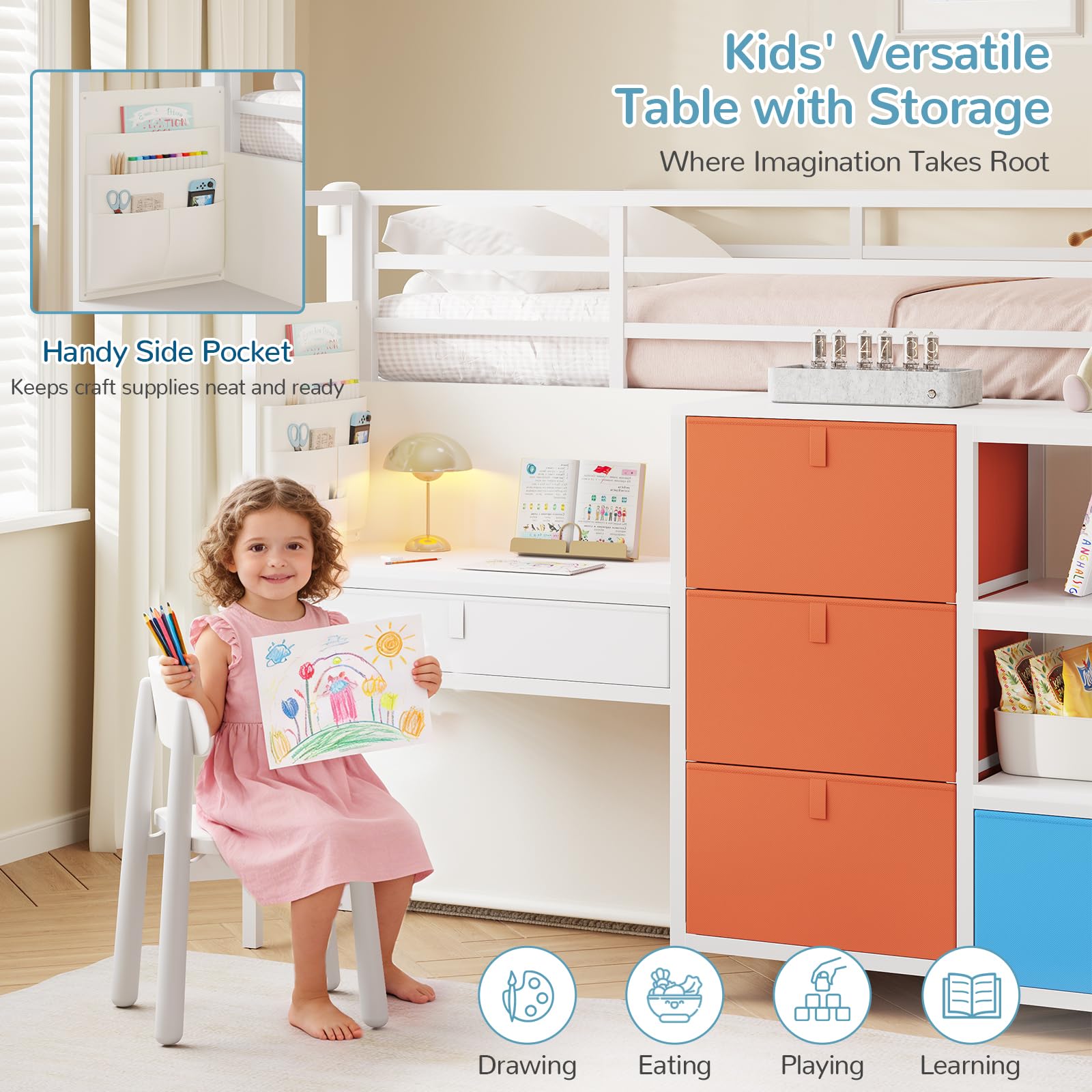 Kids Twin Low Loft Bed with Desk & Storage