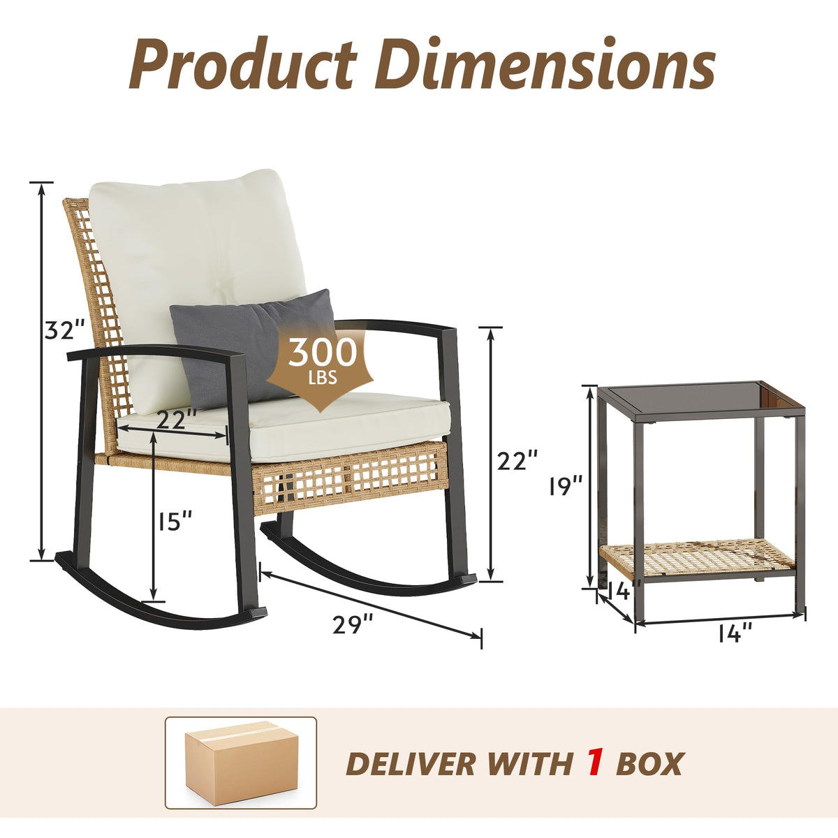Rotihom 3 Piece Patio Rocking Chairs Set of 2, Outdoor Rocking Chair Bistro Set with Tempered Glass Coffee Table and Thick Lumbar Pillow Set, Front Porch Chairs for Garden, Backyard, Poolside (Beige)