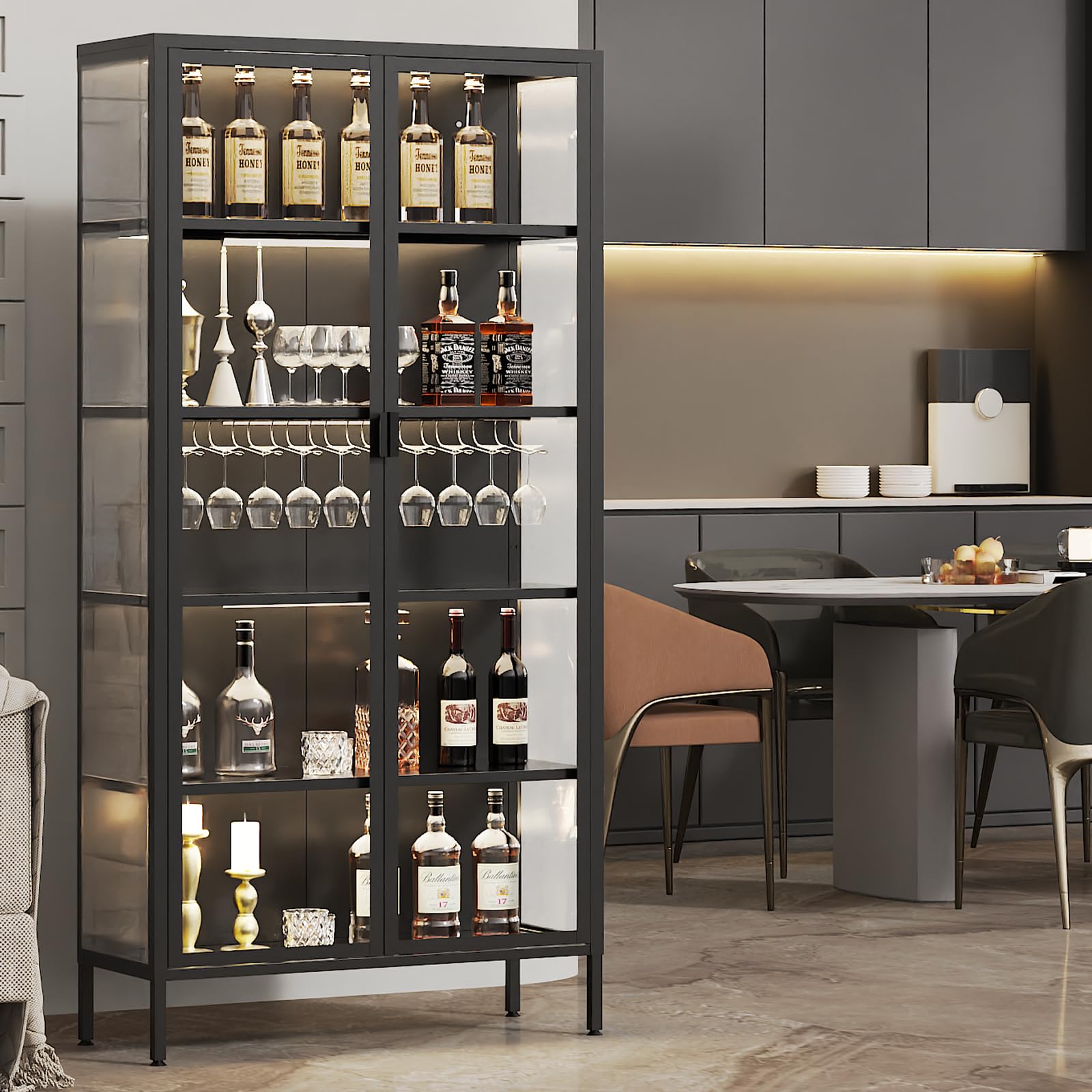 5-Tier Glass Display Cabinet with LED Sensor Lights & Adjustable Shelves