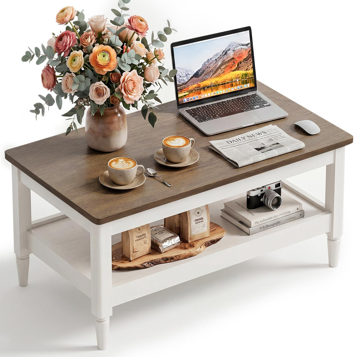 Foxemart 40" Farmhouse Coffee Table, Rustic White