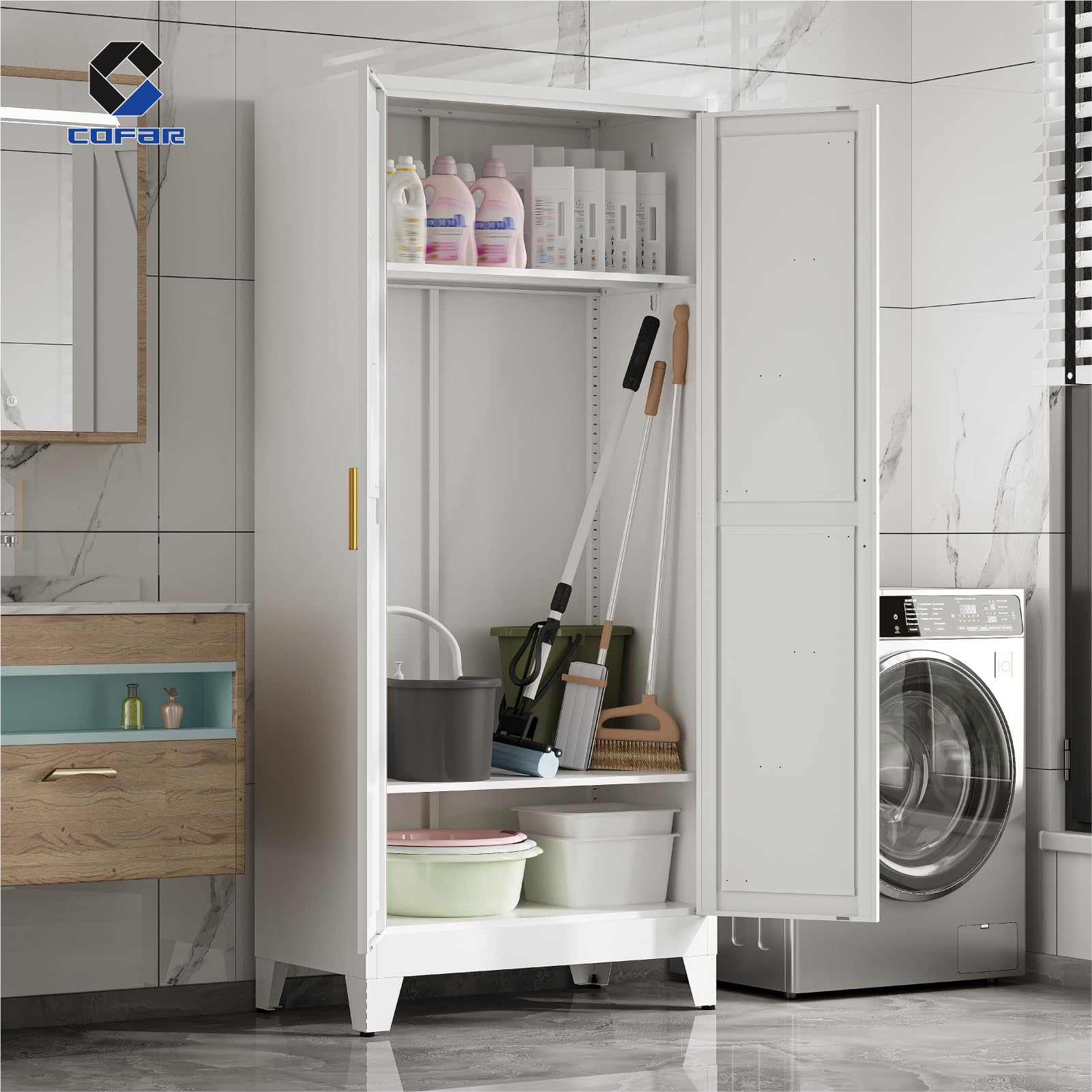 COFaR 71'' Metal Wardrobe Closet, Bedroom Armoire Cabinet with Adjustable Hanging Rod and Shelves, 2 Doors Farmhouse Closet Storage for Garage Laundry, White Roperos para Guardar Ropa