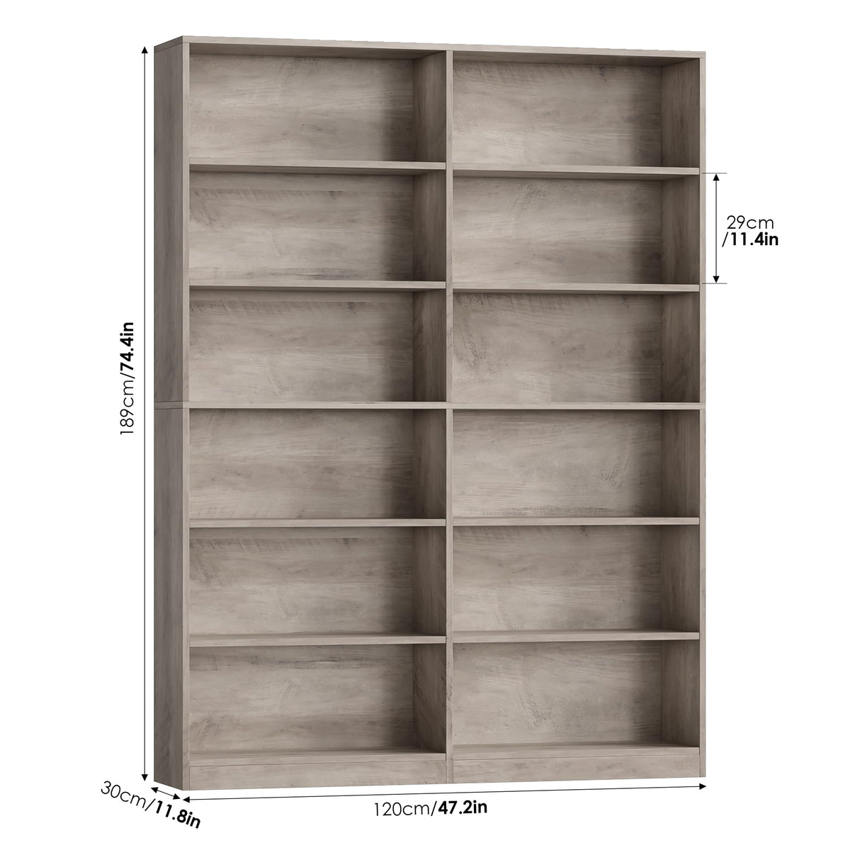 FACBOTALL Bookshelf Tall Bookcase, 6-Tier Double Wide Bookshelves,Wash Grey