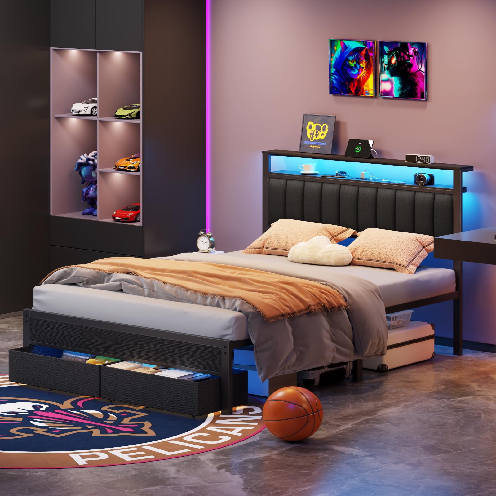 Platform Bed Frame with LED Lights, Charging Station & Storage Drawers