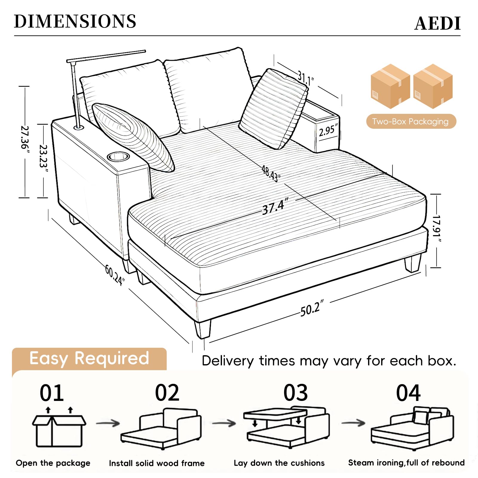 AEDI Oversized Chaise Lounge Chair with Reading Light & USB Charging,Sleeper Sofa with Cup Holder, Solid Wood Frame,for Living Room,Bedroom(Corduroy Grey)