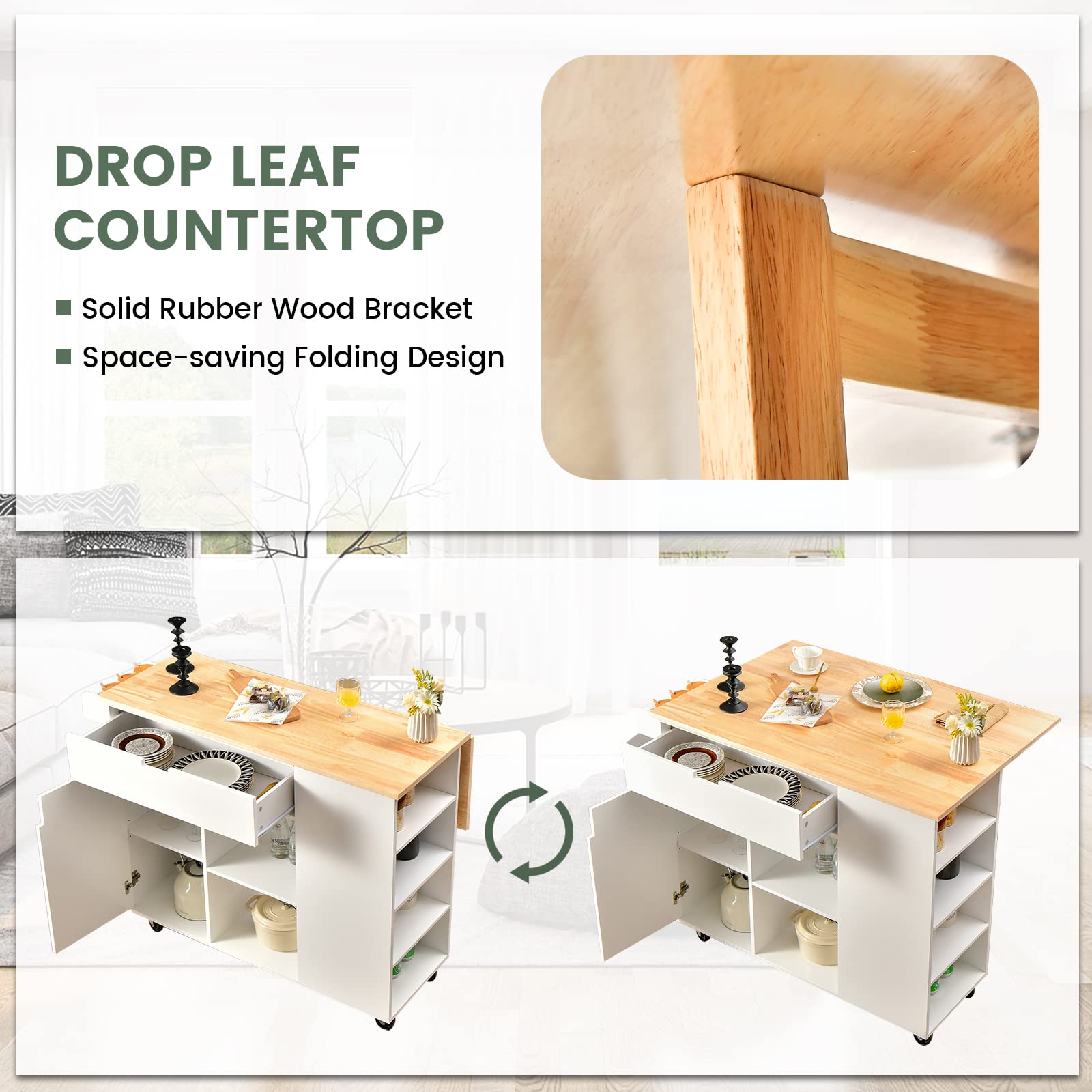 LOKO Kitchen Island with Drop Leaf, Rolling Kitchen Storage Cart with Drawer, Cabinet, 6 Open Shelves, Spice Rack & Towel Bar, Rolling Kitchen Island with Storage & Lockable Wheels (White)