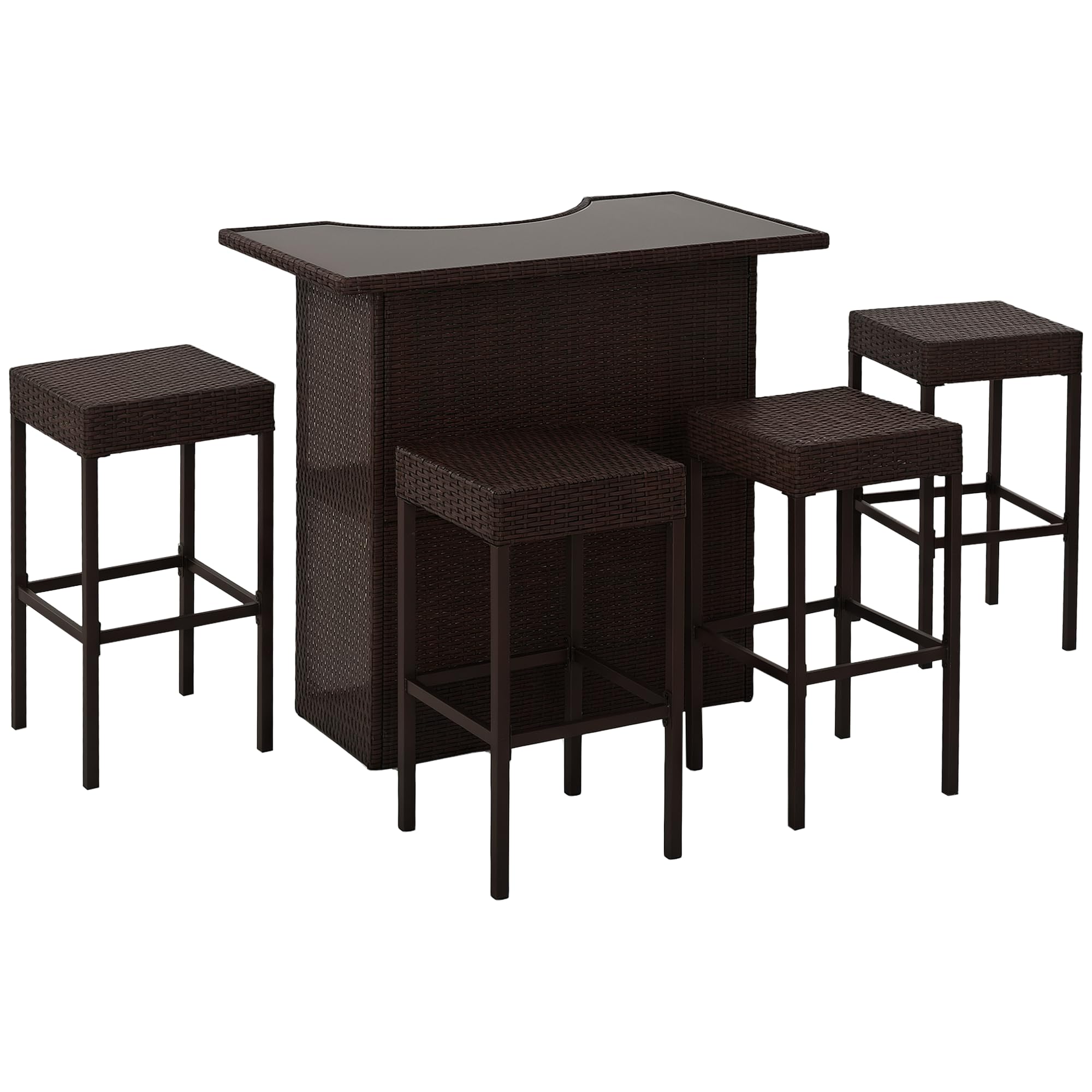 Outsunny 5 Pcs Rattan Wicker Bar Set, High Top Outdoor Table and Chairs, Bar Height Patio Set with Glass Table Top 2 Tier Storage Shelf, and 4 Bar Stools for Garden, Poolside, Dark Brown