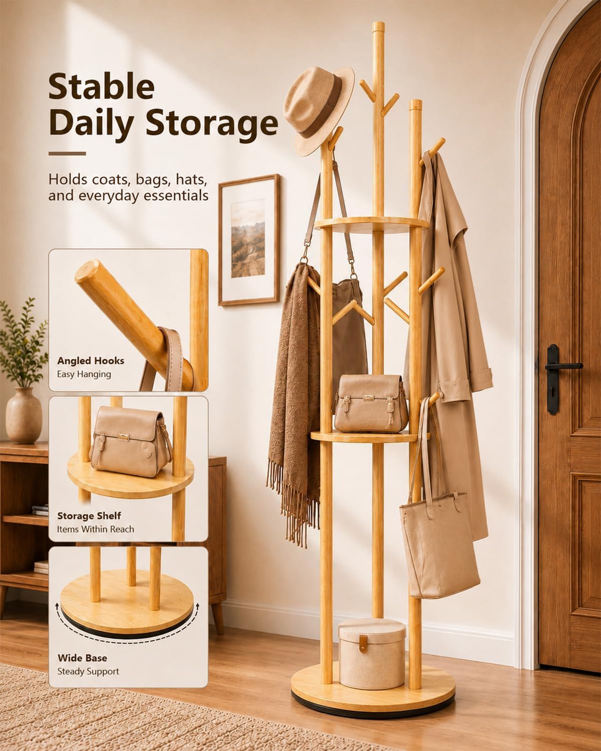 Rotating Coat Rack with Shelves