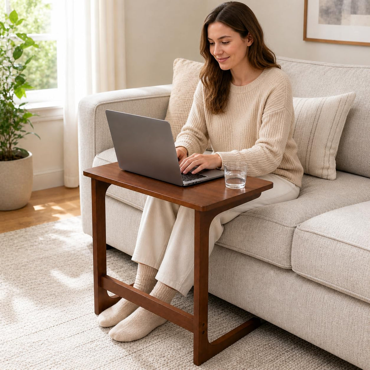 JAYULOR C-Shaped Side Table for Couch, Solid Rubberwood End Table, Walnut