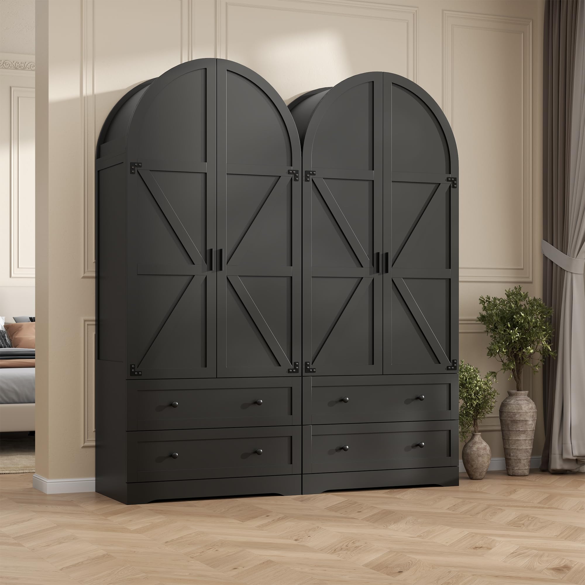 Gyfimoie Black Armoire Wardrobe Closet with 2 Drawers, 74.8" Wooden Wardrobe with 2 Doors, Freestanding Closet Armoire Cabinet with Hanging Rack, Clothing Storage Cabinet for Bedroom (Black)