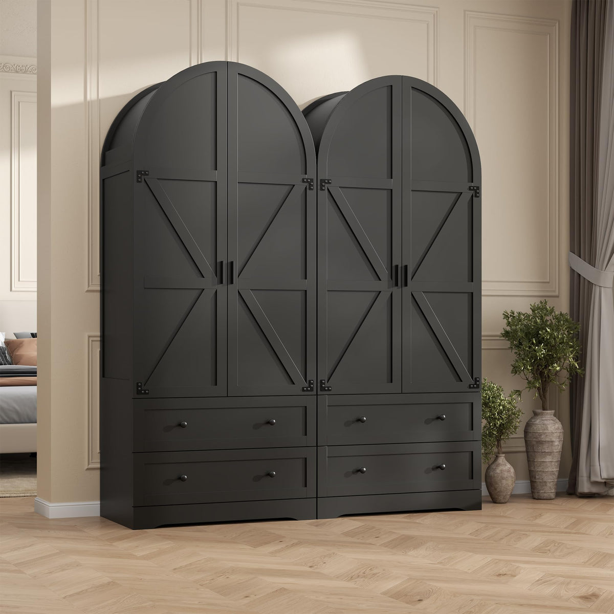 Gyfimoie Black Armoire Wardrobe Closet with 2 Drawers, 75" Wooden Wardrobe with 2 Doors, Freestanding Closet Armoire Cabinet with Hanging Rack, Clothing Storage Cabinet for Bedroom (Black)