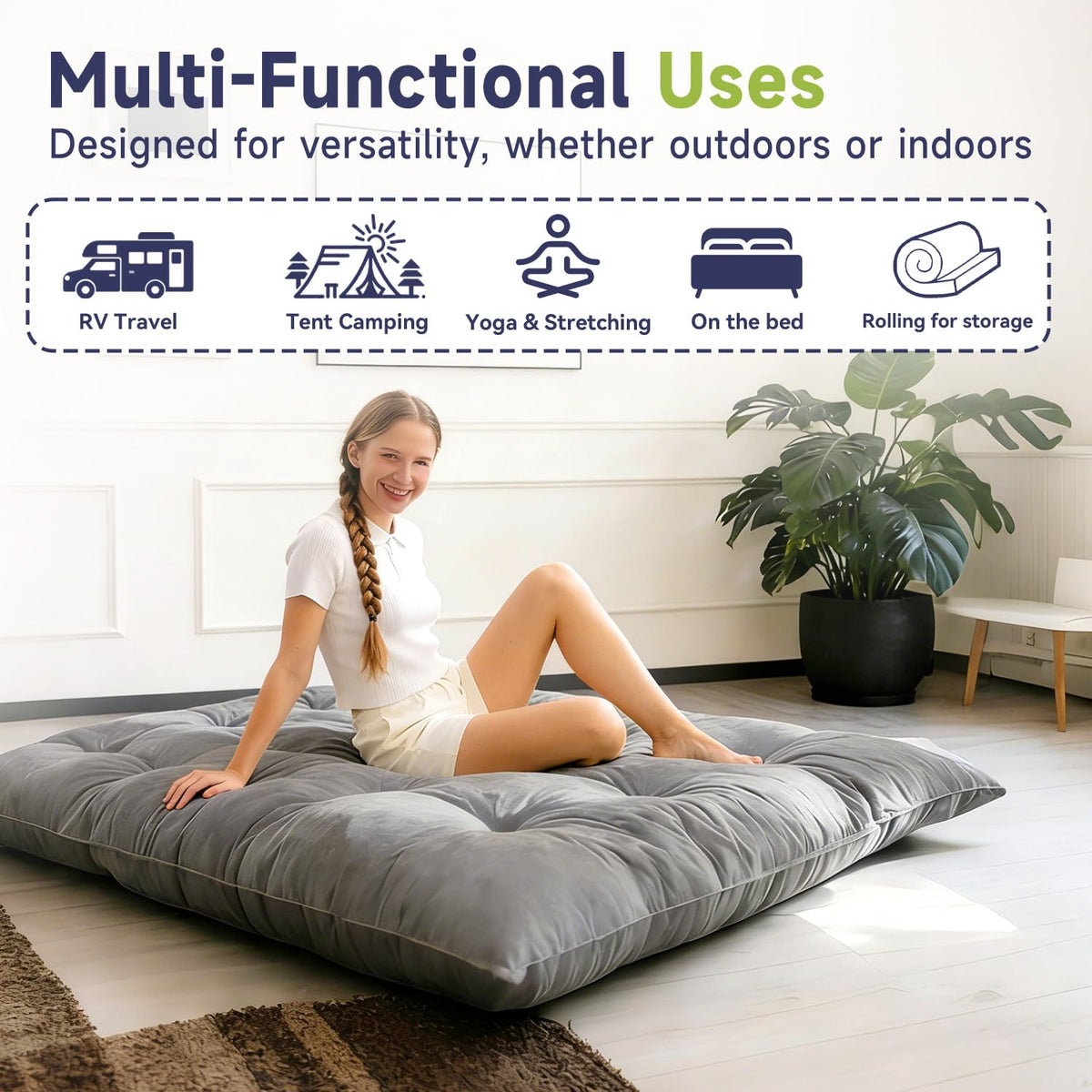 KOSRLY 6" Futon Mattress Full Size, Tufted Futons Sofa Couch Bed with Twisted Rope Design Edging,Versatile Floor Mattress for Adults，Shredded Foam Filling (Frame Not Included Gray, Queen)
