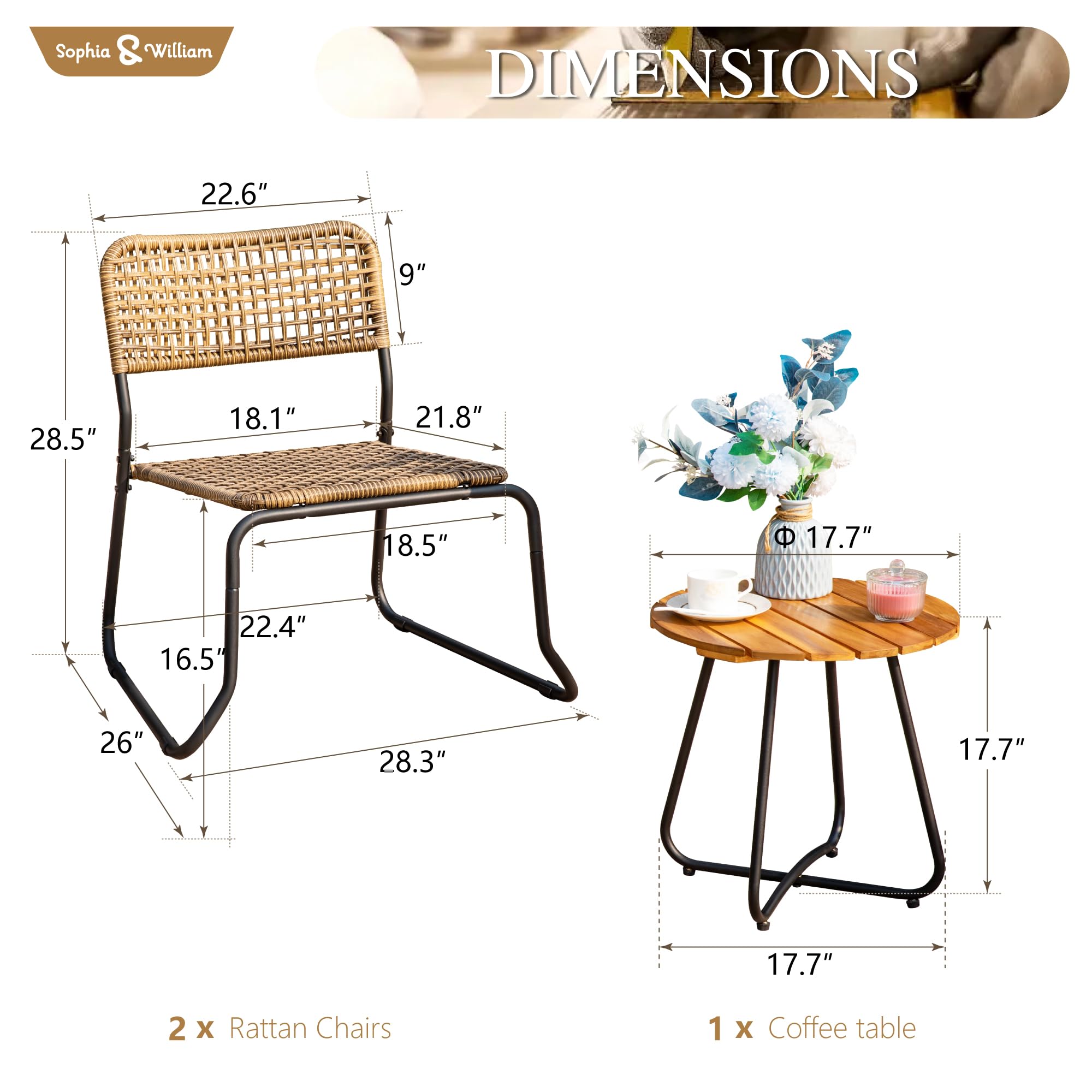 3-Piece Outdoor Bistro Set – Stackable Rattan Chairs & Acacia Wood Table