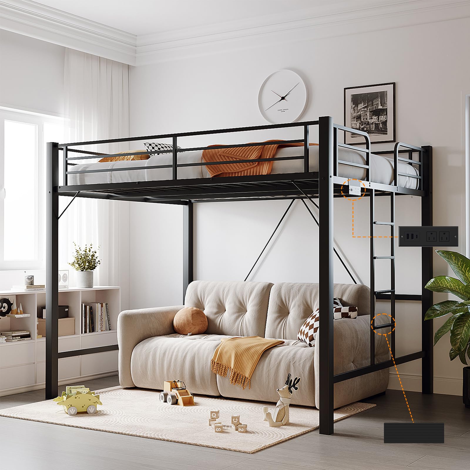 Queen Loft Bed with Charging Station & LED Lights