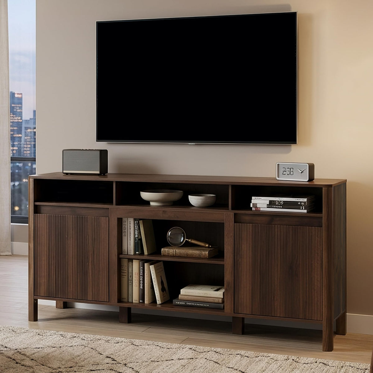 68" Fluted TV Stand for TVs Up to 75", Mid Century Modern TV Stand, Walnut
