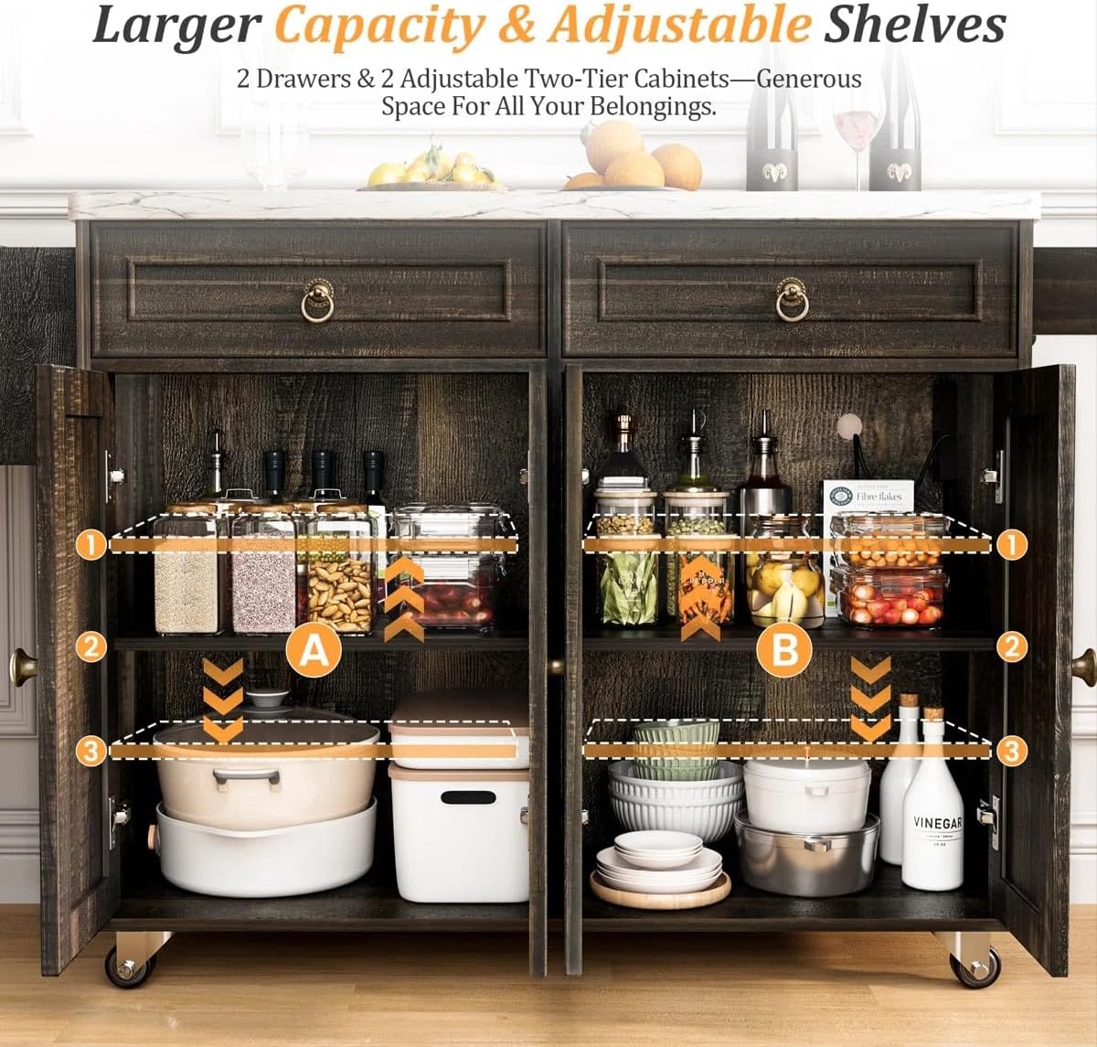 Zephome Farmhouse Kitchen Island with Power Outlet and Drop Leaf, Rolling Kitchen Cart on Wheels with Storage Cabinets & Drawers, Portable Wooden Microwave Stand Spice Rack for Small Spaces