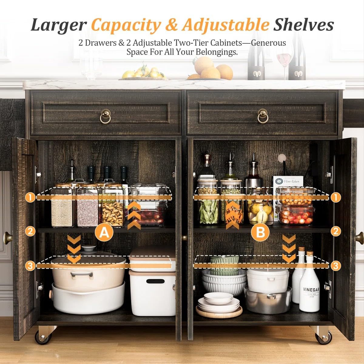 Zephome Farmhouse Kitchen Island with Power Outlet and Drop Leaf, Rolling Kitchen Cart on Wheels with Storage Cabinets & Drawers, Portable Wooden Microwave Stand Spice Rack for Small Spaces