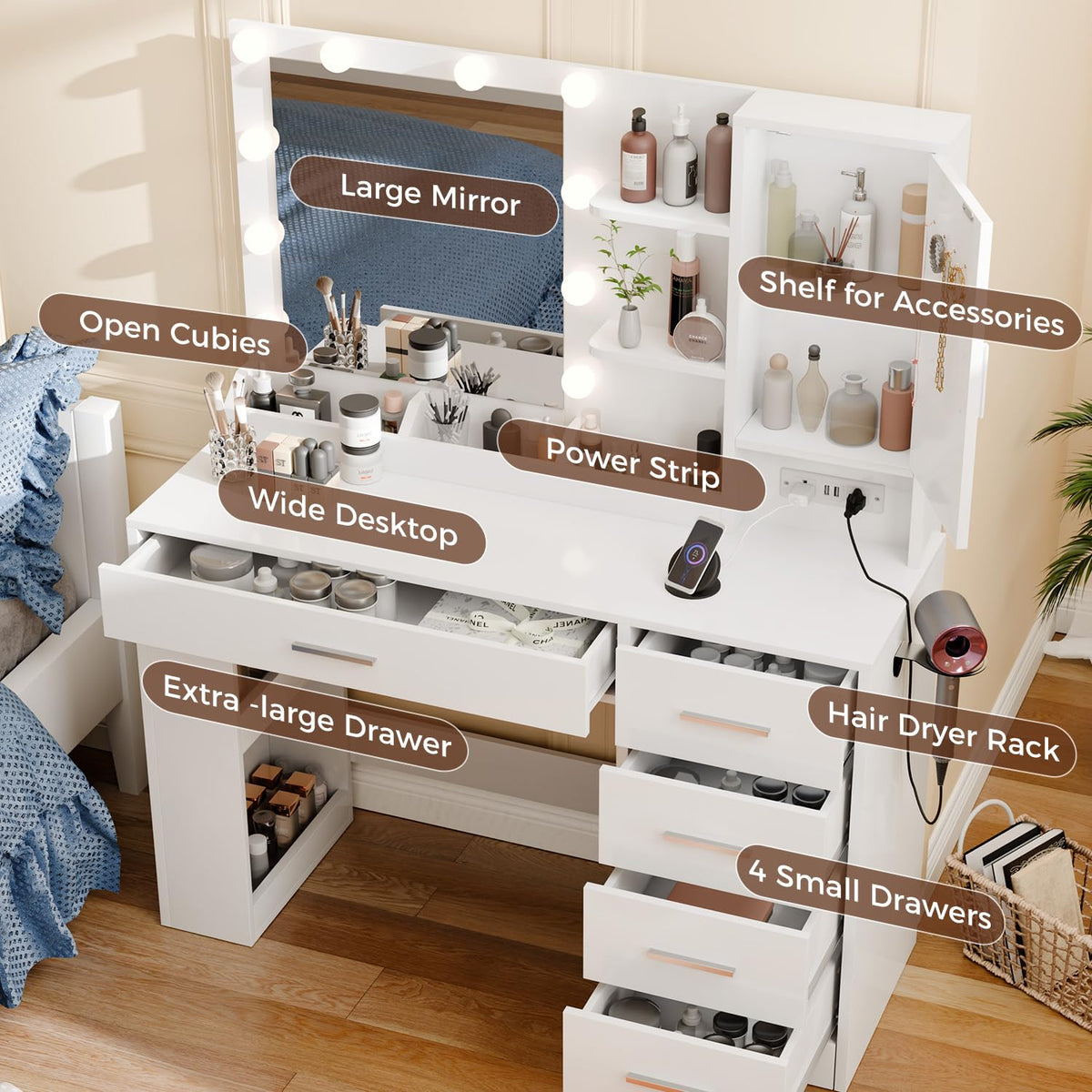 White Makeup Vanity with LED Mirror