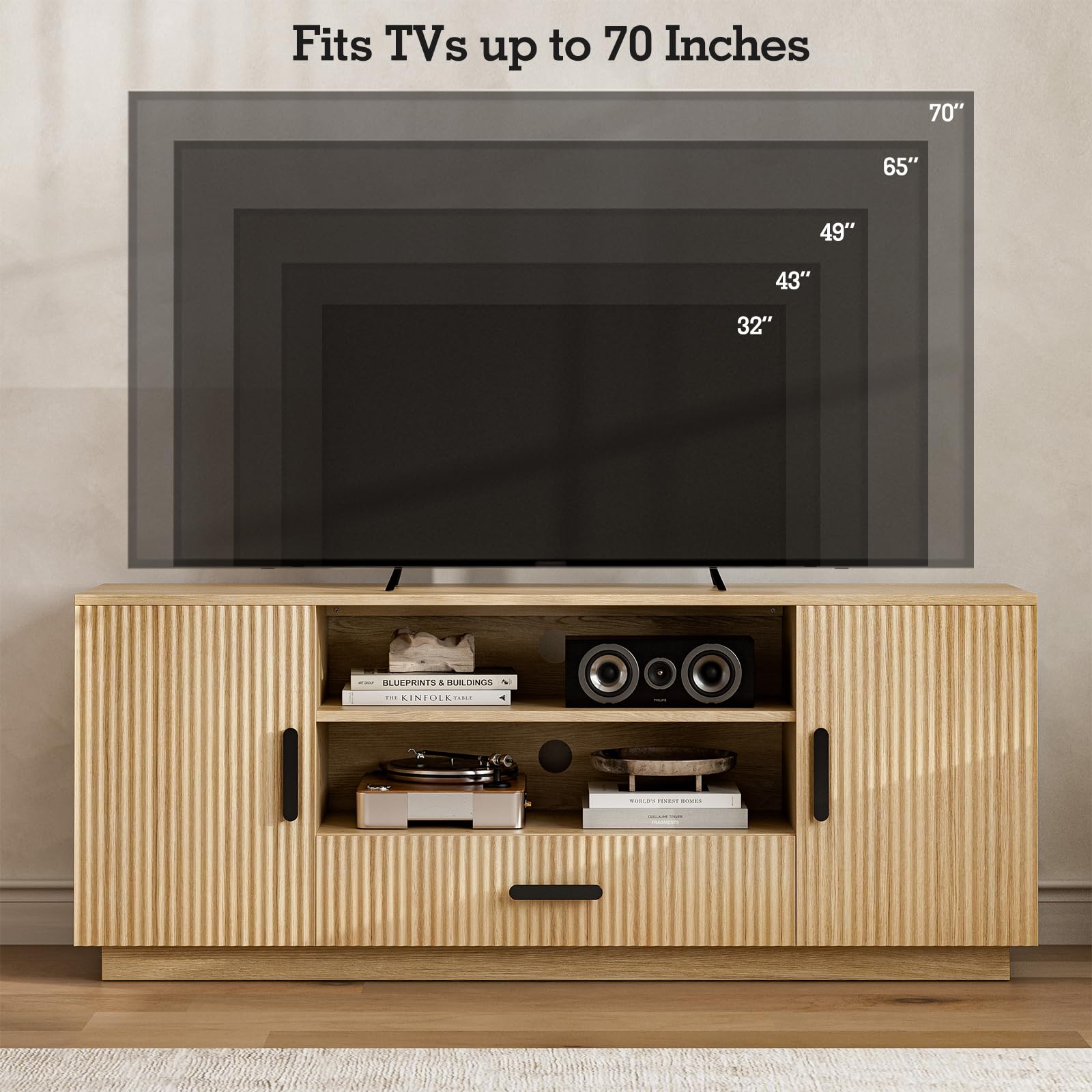 Fluted TV Stand with Storage Cabinets & Drawer, Fits TVs Up to 70"