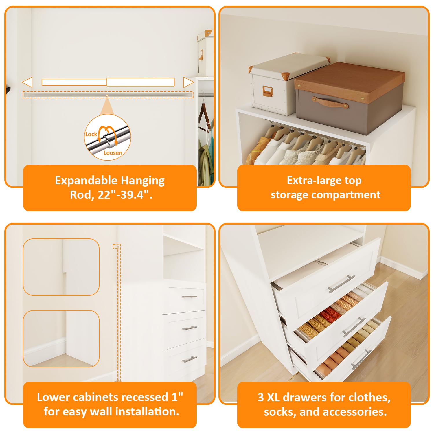 Closet System with Wooden Drawers, 8FT Closet Organize System with Drawers & Hanging Rods &for Walk in Closets, 4PCS*24" Freestanding Closet System, White(8FT)