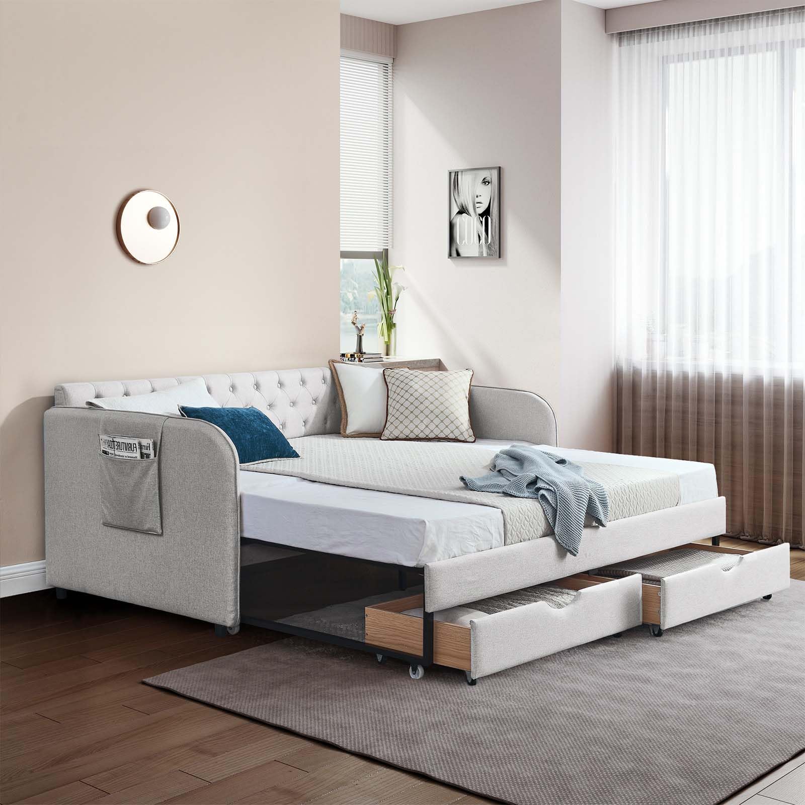 Antetek 80.5" Daybed with Drawer, Modern Button Tufted Linen Day Bed with Trundle Bed Twin to King, Upholstered Daybed Frame w/Storage Pocket for Bedroom, Living Room, No Box Spring Needed, Beige