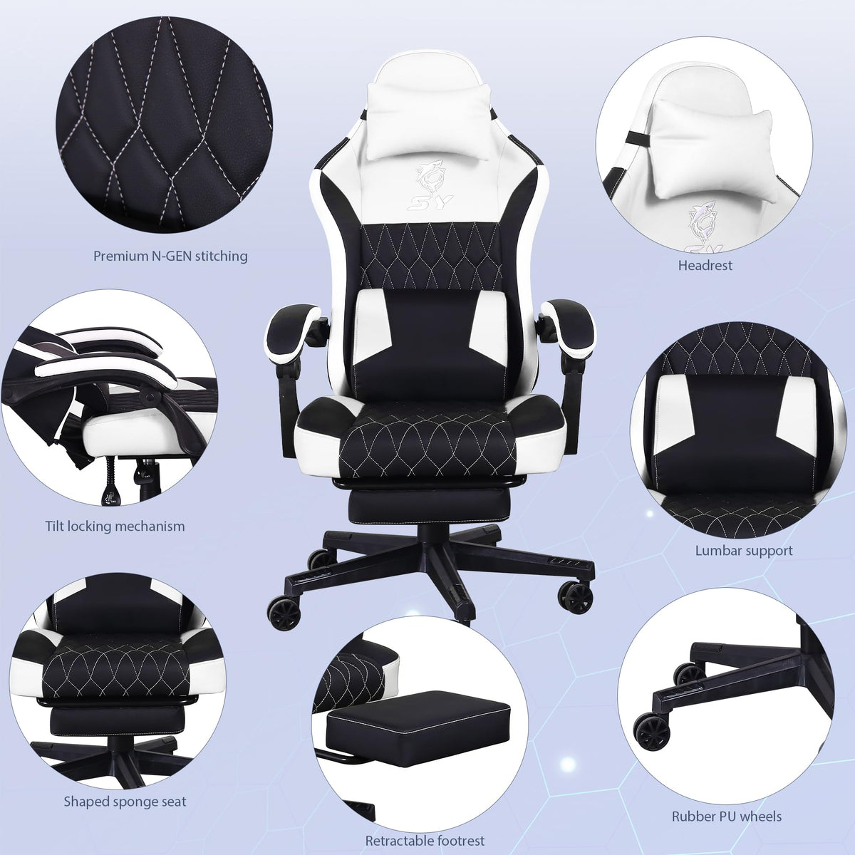 Gaming Chair with Footrest and Massage Support