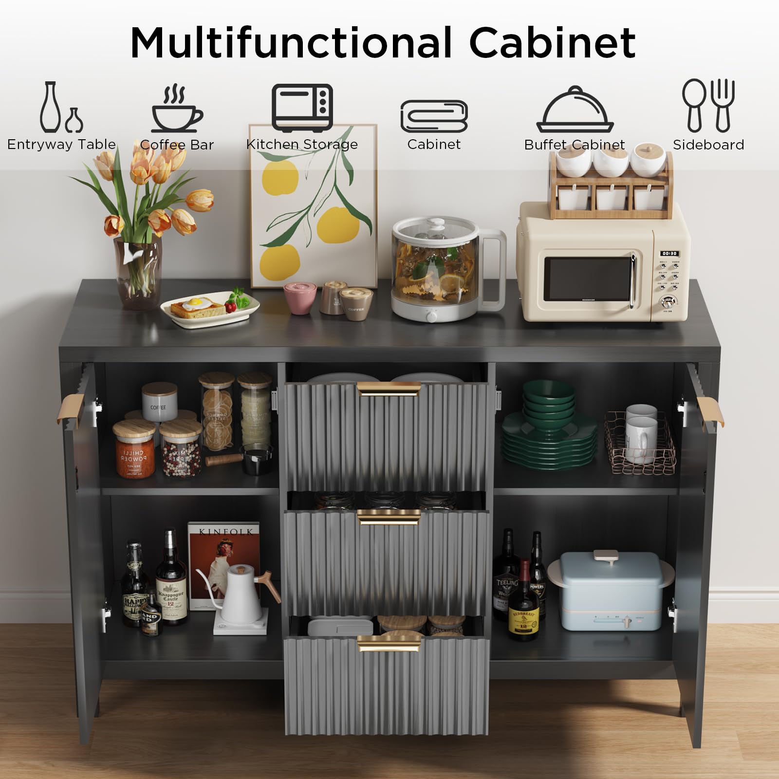 OUTISAN Fluted Sideboard Buffet Cabinet 47.2" Buffet Cabinet with 3 Drawers & 2 Doors, Large Coffee Bar Console Table for Dining Room, Living Room, Entryway